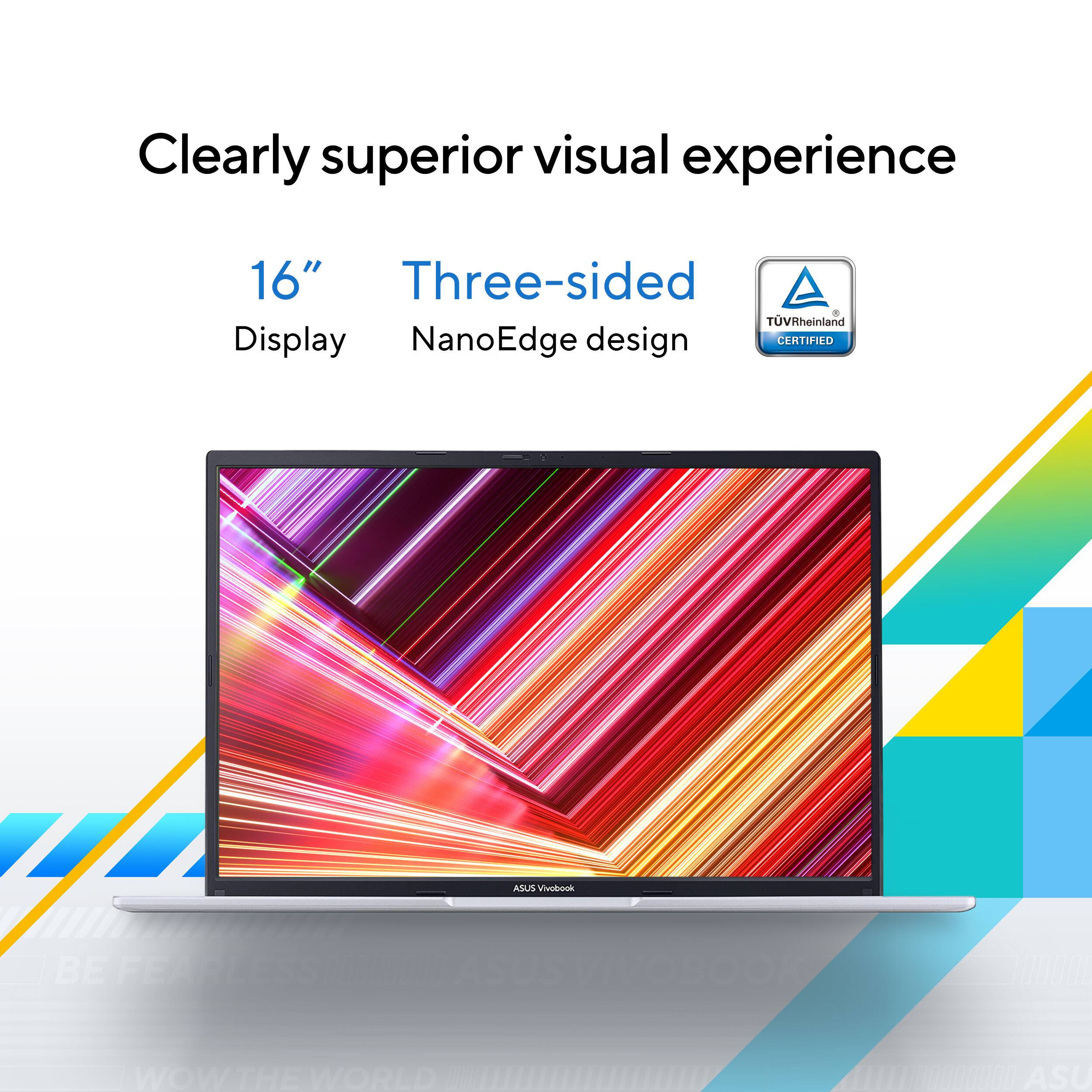 "Clearly superior visual experience" is a phrase that describes the quality of the display on the 16" Three-sided TV. The TV features a NanoEdge design, which is a unique and innovative aspect of the product. The TV is also certified by ASUS, ensuring its quality and performance. The phrase "Be Fearless" suggests that the TV is designed to provide a bold and daring visual experience, while "Wow the World" implies that the TV is capable of impressing viewers with its stunning display. Overall, the text on the image emphasizes the advanced features and superior performance of the 16" Three-sided TV.