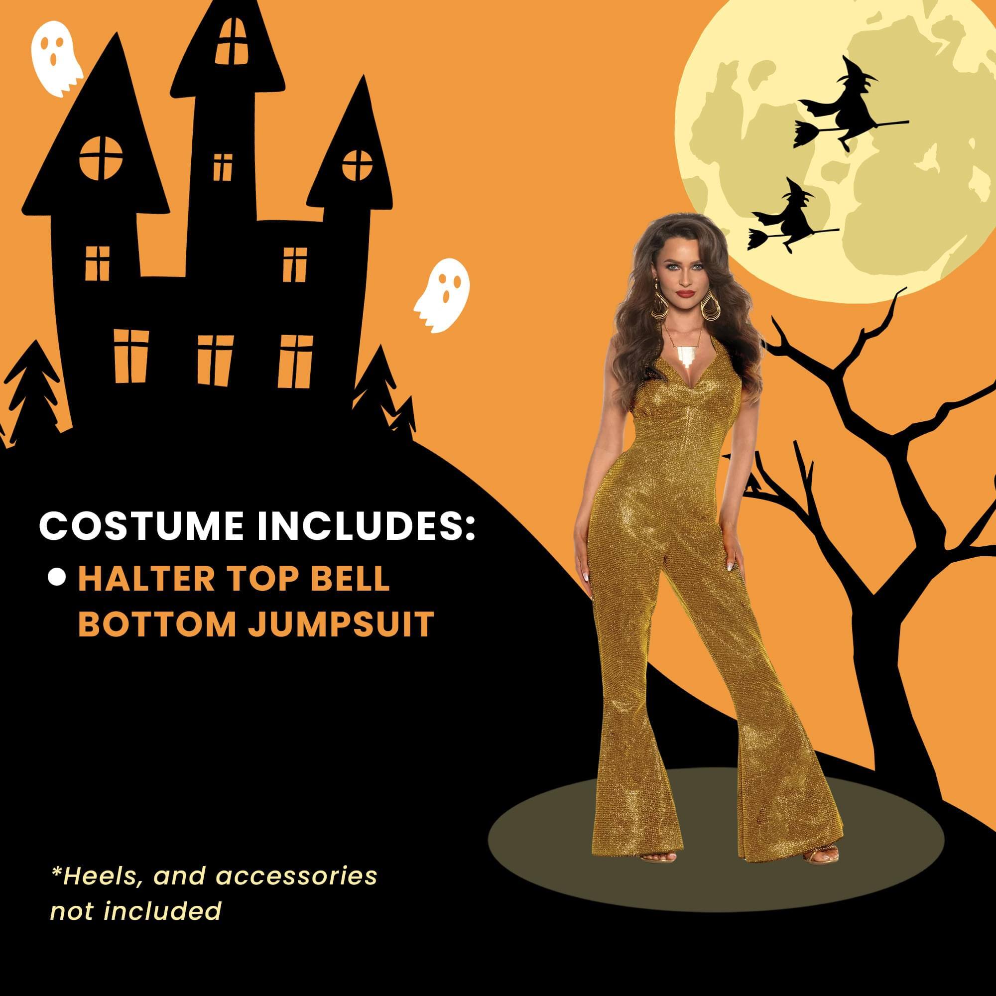 COSTUME INCLUDES:  
- HALTER TOP BELL BOTTOM JUMPSUIT  

*Heels, and accessories not included