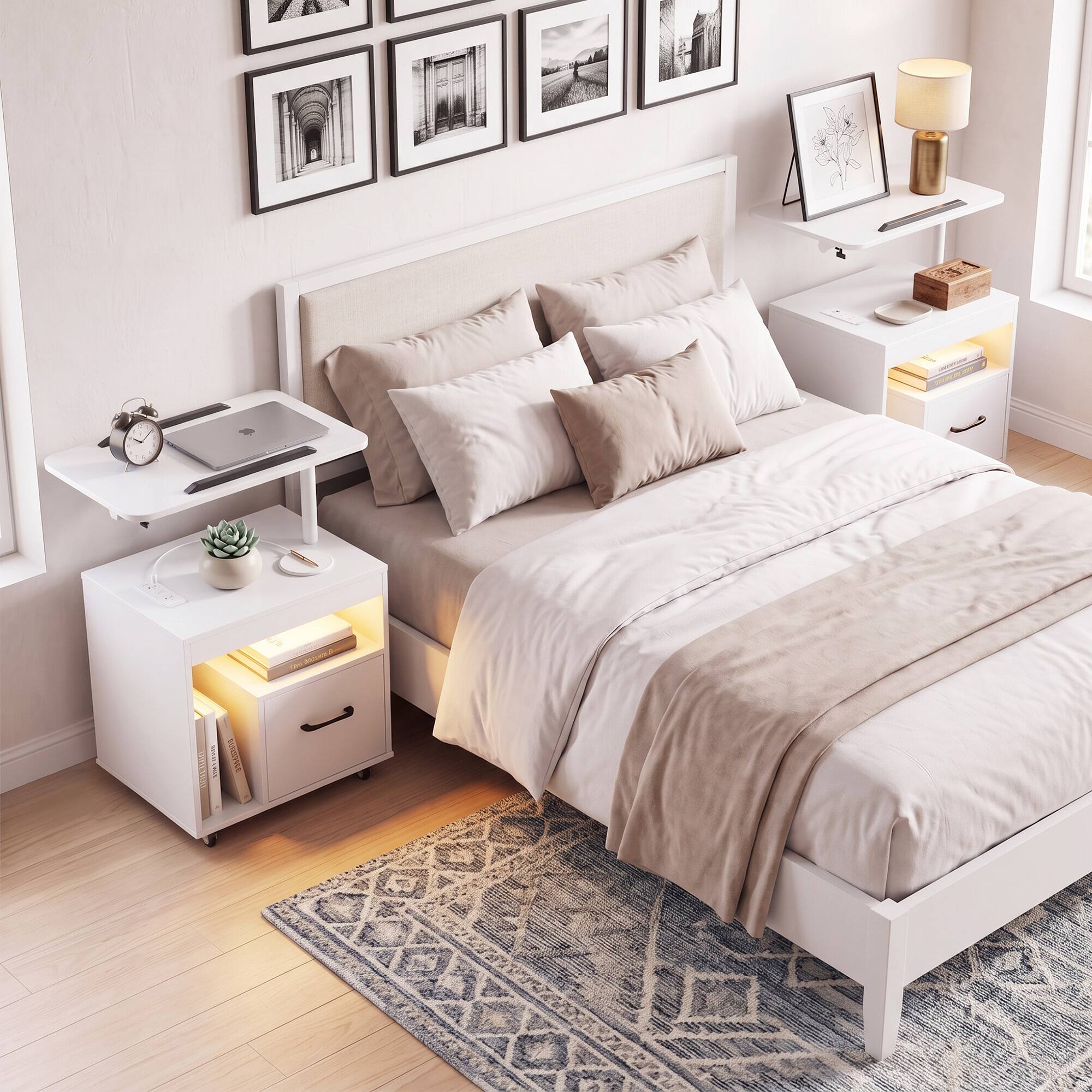 Alt View 4. WELLFOR - Modern LED Nightstand with Power Outlets and Flip-Over - White.