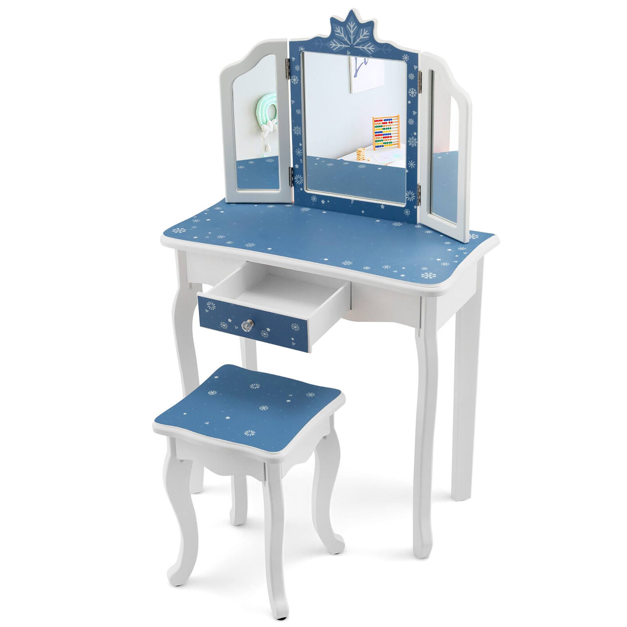 Alt View 9. Gymax - Gymax Kid Vanity Set Wooden Makeup Table Stool Tri-Folding Mirror Snowflake Print Blue - Blue + White.