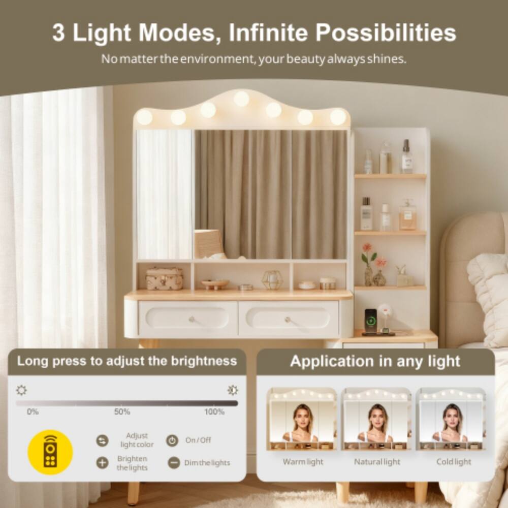 3 Light Modes, Infinite Possibilities  
No matter the environment, your beauty always shines.  

Long press to adjust the brightness  
Application in any light  

0% 50% 100%  

Adjust light color  
Brighten + the lights  
On/Off  
Dim the lights  

Warm light  
Natural light  
Cold light