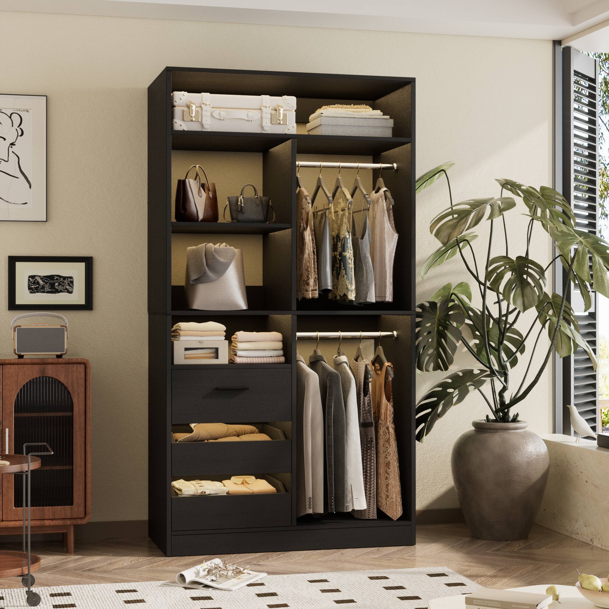 Alt View 2. Aheaplus - 72"2-Piece Walk-in Closet Organizer System with 6 Drawers, Hanging Rods & Adjustable Shelves for Bedroom - Black.