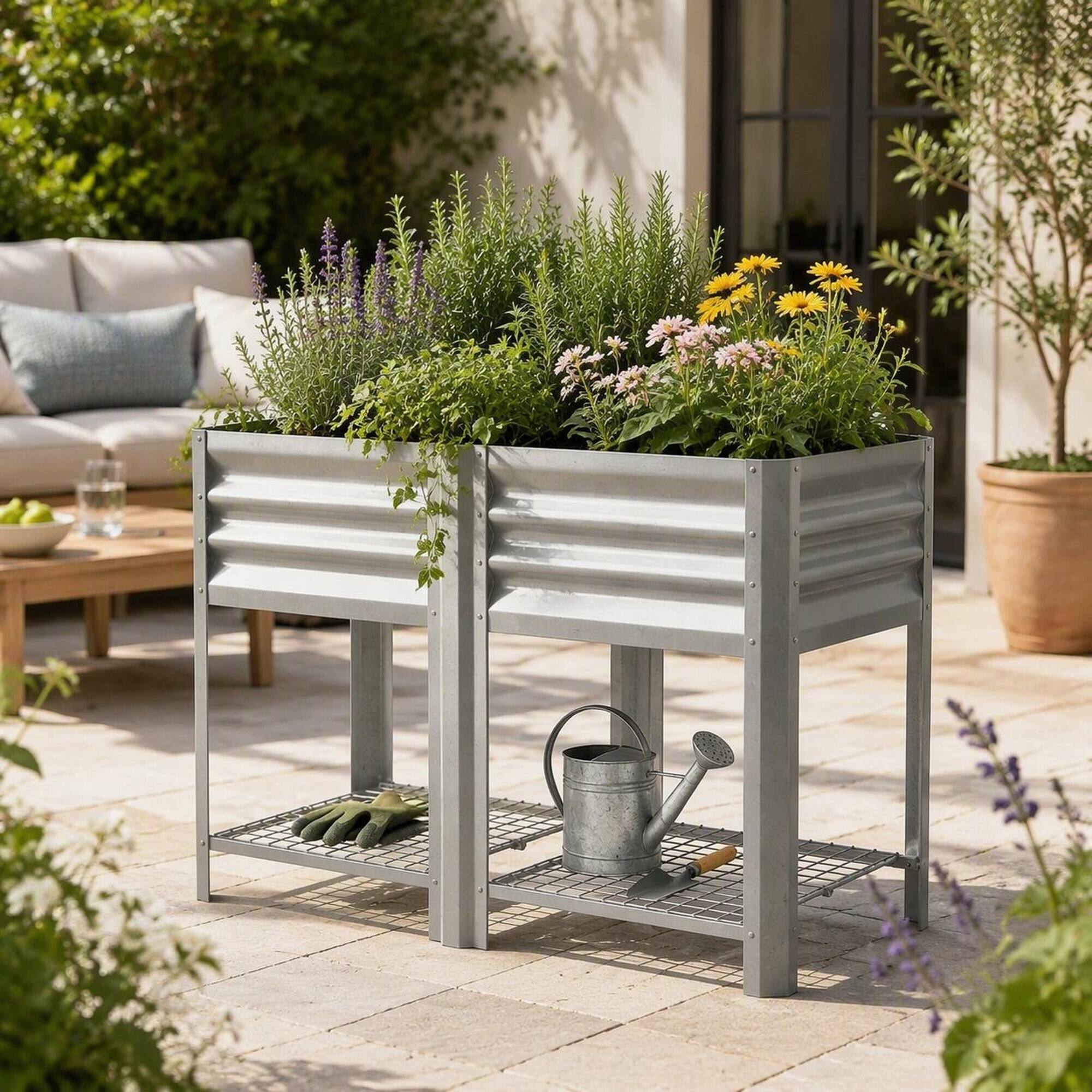 Left. RYHNUYNE - Raised Garden Bed Planter Box with Legs, 39.6 Gallon Outdoor Elevated Steel Planter for Patio, Yard, or Balcony - Silver.