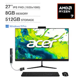 Acer - Aspire C27 All-in-One 27 FHD Display (Ryzen 7 5825U, 8GB, 512GB SSD, AMD Radeon, WiFi 6E, Win 11 Home) w/USB Hub