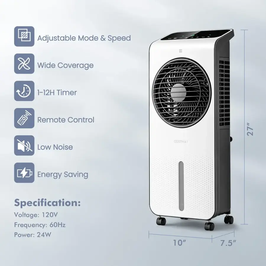 Adjustable Mode & Speed Wide Coverage 1-12H Timer Remote Control Low Noise Energy Saving Specification: Voltage: 120V Frequency: 60Hz Power: 24W 10" 7.5"
