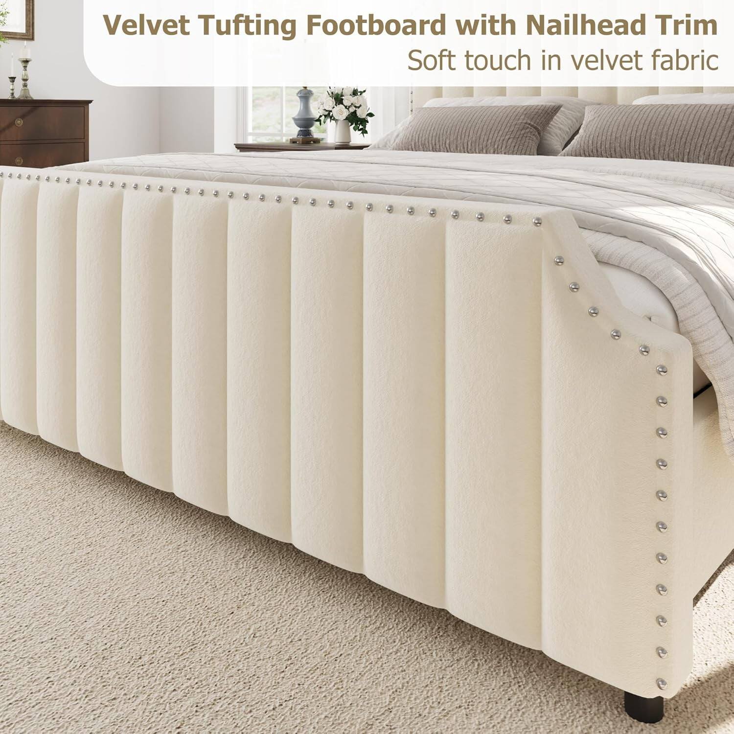 Velvet Tufting Footboard with Nailhead Trim  
Soft touch in velvet fabric