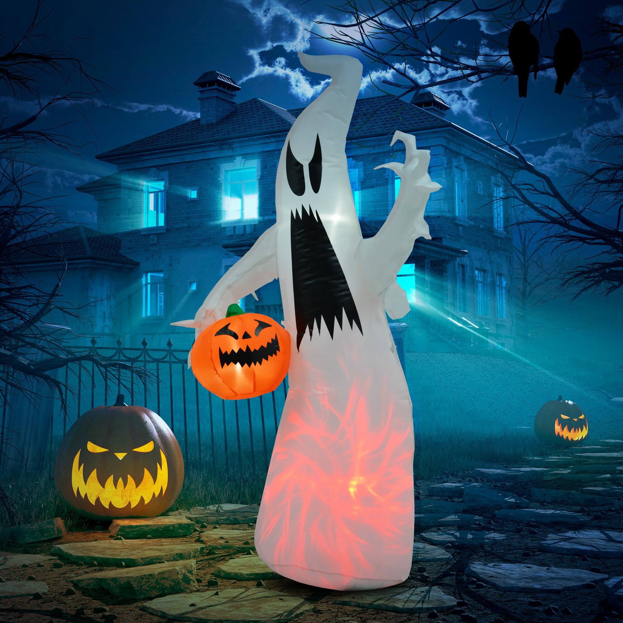 Alt View 1. Homcom - 5.9' Halloween Inflatable Outdoor Decoration Ghost with Pumpkin, Blow Up LED Yard Decor for Party, Holiday, Waterproof - White.