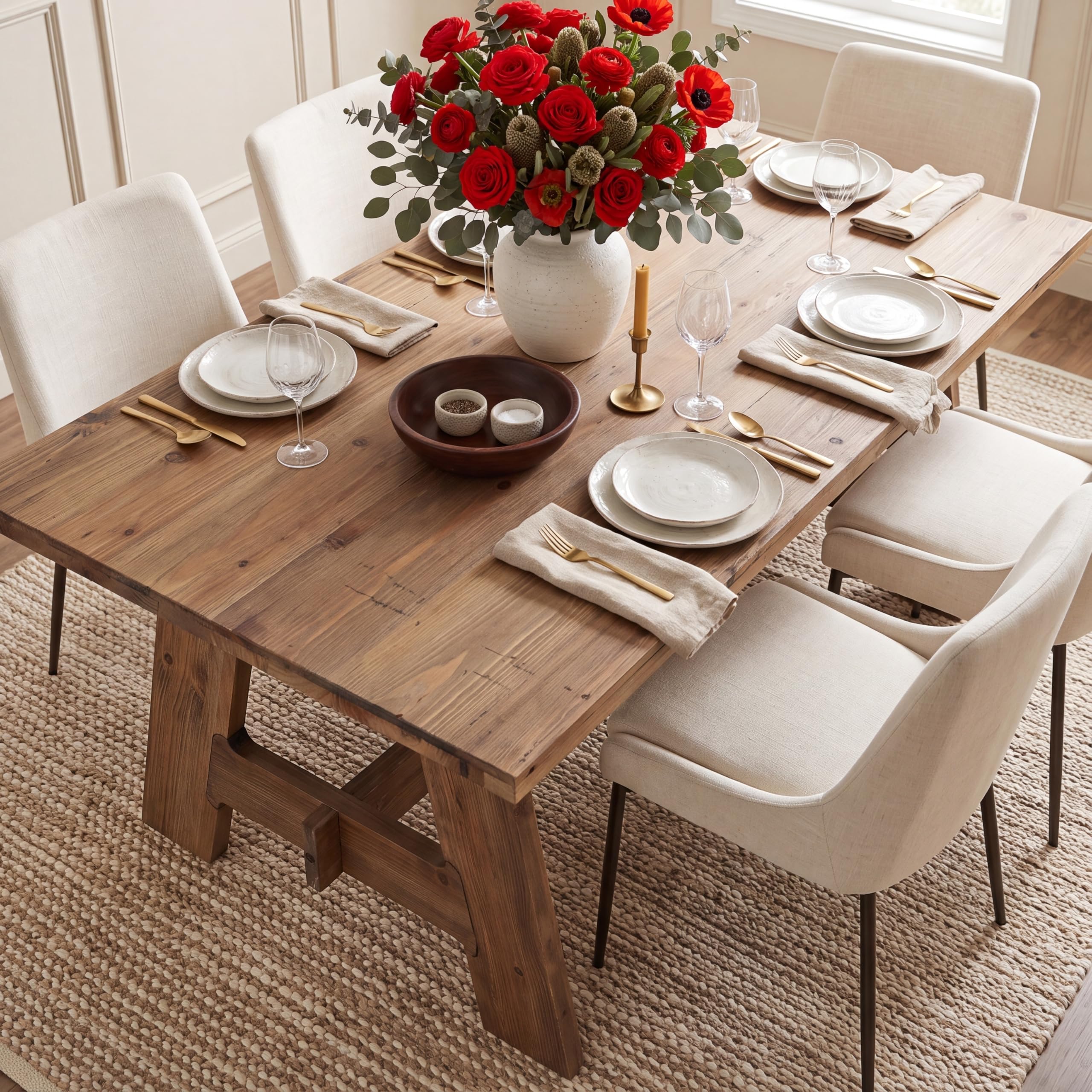 Back. Tribesigns - 63" Farmhouse Solid Wood Dining Table for 4-6 People - Brown.