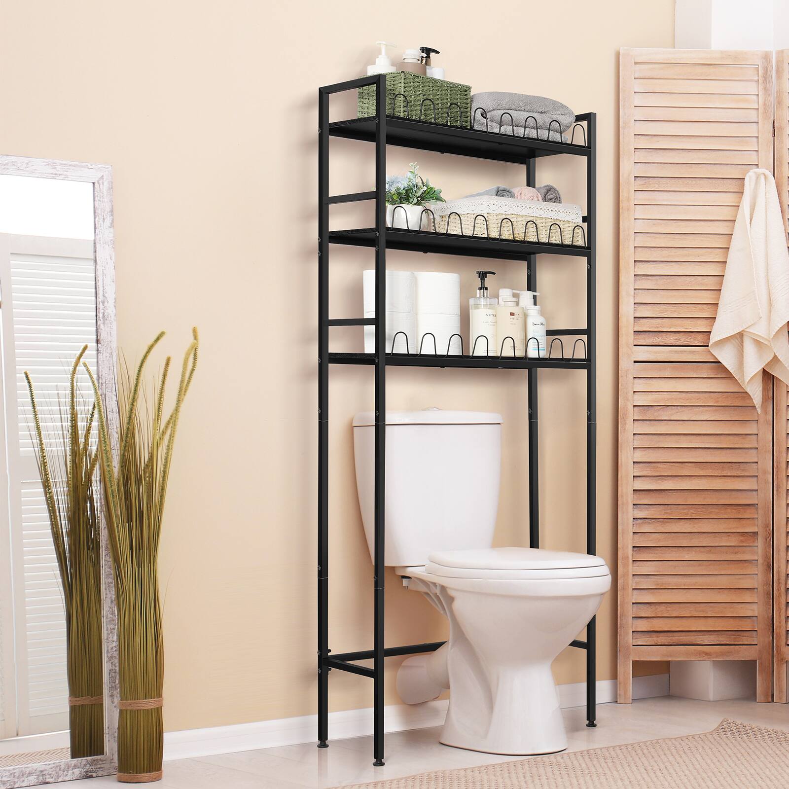 Alt View 1. Oumilen - 3-Tier Over-The-Toilet Storage Shelf, Black Metal and Wood Bathroom Organizer with Anti-Fall Fence and Adjustable Feet - Black.