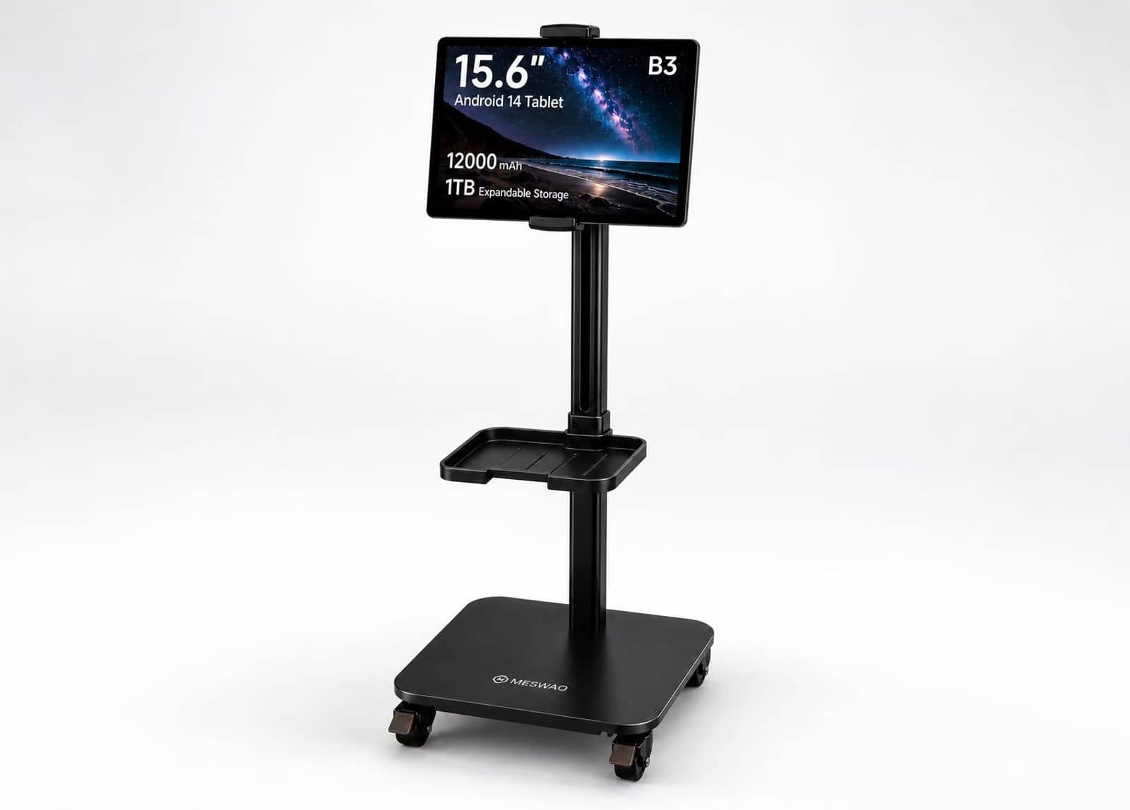 MESWAO - Universal Rolling Tablet Floor Stand, Adjustable Height 31.5-47.6 in, Lockable Wheels, Storage Tray - Black