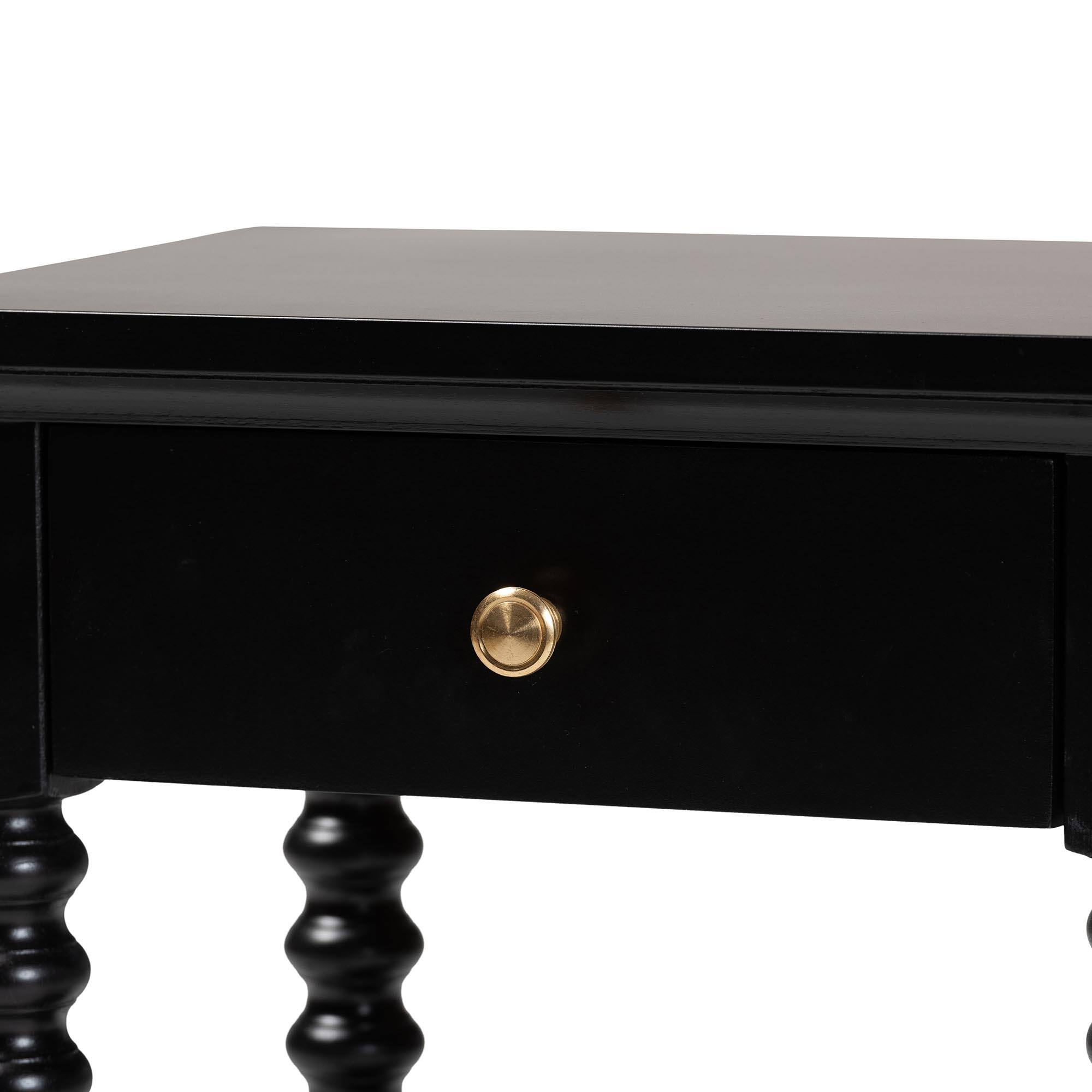 Alt View 2. bali & pari - Baxton Studio Terentia Nightstand with Bobbin Legs - 1-Drawer Bedroom Side Table with Storage Shelf, Black - Black.