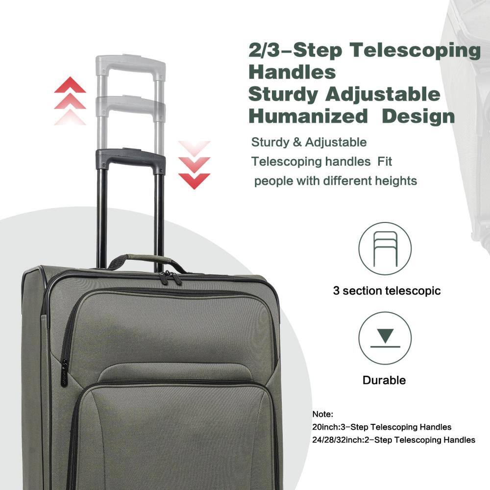 2/3-Step Telescoping Handles  
Sturdy Adjustable Humanized Design  

Sturdy & Adjustable  
Telescoping handles fit people with different heights  

3 section telescopic  

Durable  

Note:  
20inch: 3-Step Telescoping Handles  
24/28/32inch: 2-Step Telescoping Handles