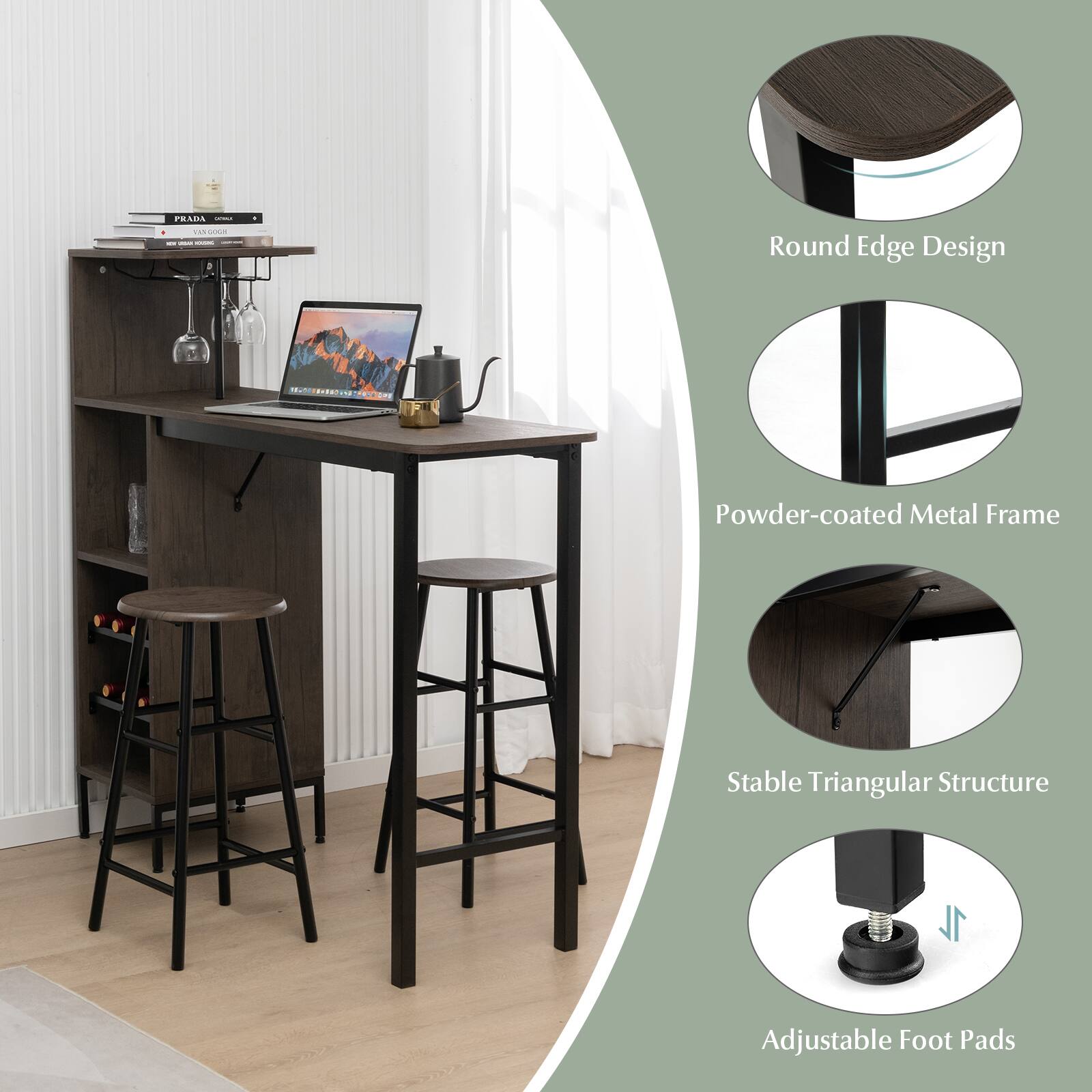 Round Edge Design, Powder-coated Metal Frame, Stable Triangular Structure, Adjustable Foot Pads