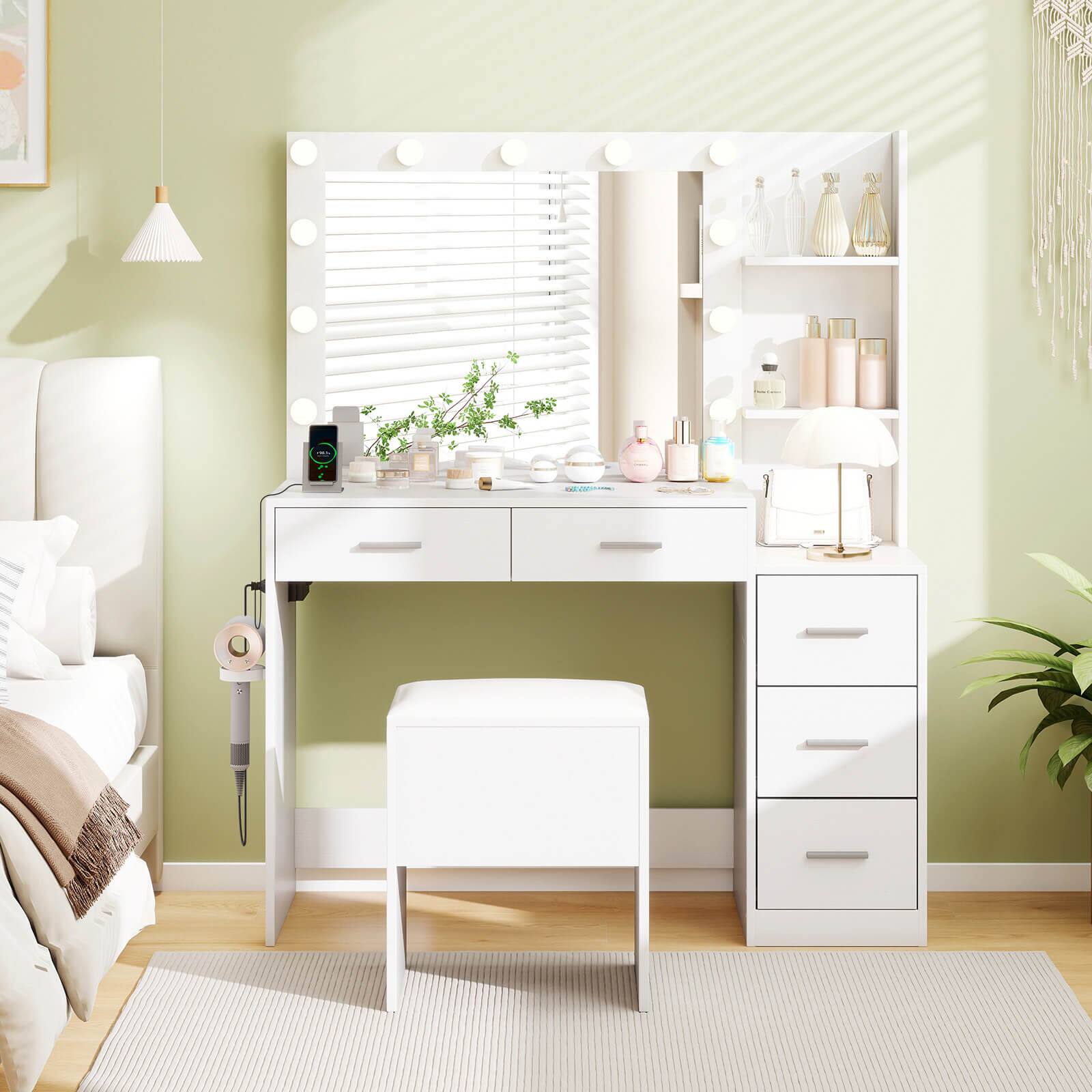 Alt View 3. Costway - Costway 43.5" Makeup Table Set Vanity Desk with Storage Stool Power Outlets 2 Open Shelves - White.