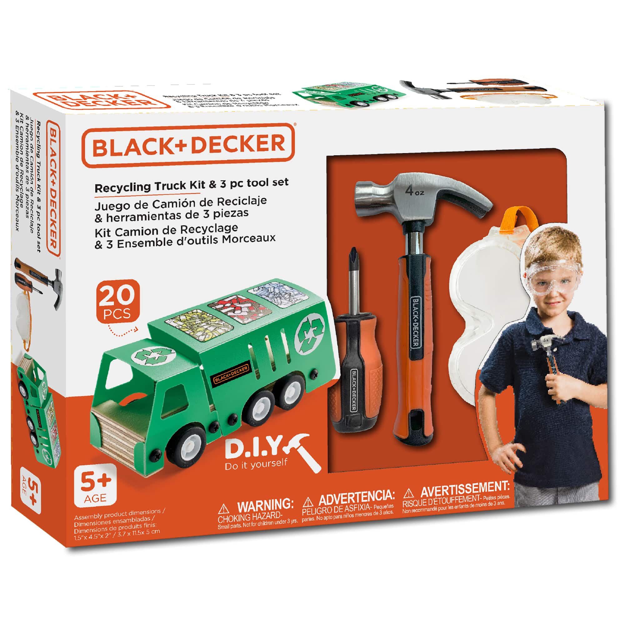 BLACK+DECKER Recycling Truck Kit & 3 pc arveau pinzaN MAON aa a ta2 . I sr BLACK+DECKER Juego & & Kit herramientas 3 Camion Ensemble de Camion de d'outils Recyclage de de 3 piezas Reciclaje Morceaux 4oz oz 20 PCS BLACK-DECKER CACEN BLACK-GECKER D.I.Y Do it yourself AGE 5+ AVERTISSEMENT: D'TOUFFEMENT- Puttes moiK RISQUE mora de and dimensions WARNING: PEUGRO DE ASFIXIA- de Pequents 1 alcn Nen recommende yor a ertaa e Assecbly product HAZARD- pas ice mendres ensambladas CHOKING partk No  Dimensiones L 4in under n. produits firis: 3nual paals Not Dimensions de 11.5m 5 e / . 15x 4 5x
