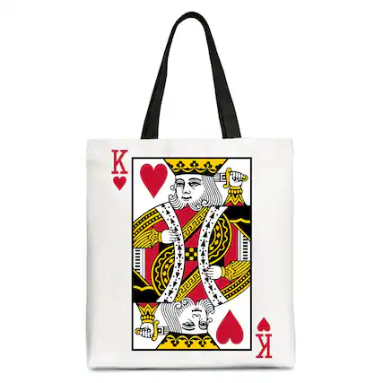 Front. OrnamentallyYou - King of Hearts Card Canvas Tote Bag, Classic Retro Love Valentine Gift Bag - White Black.