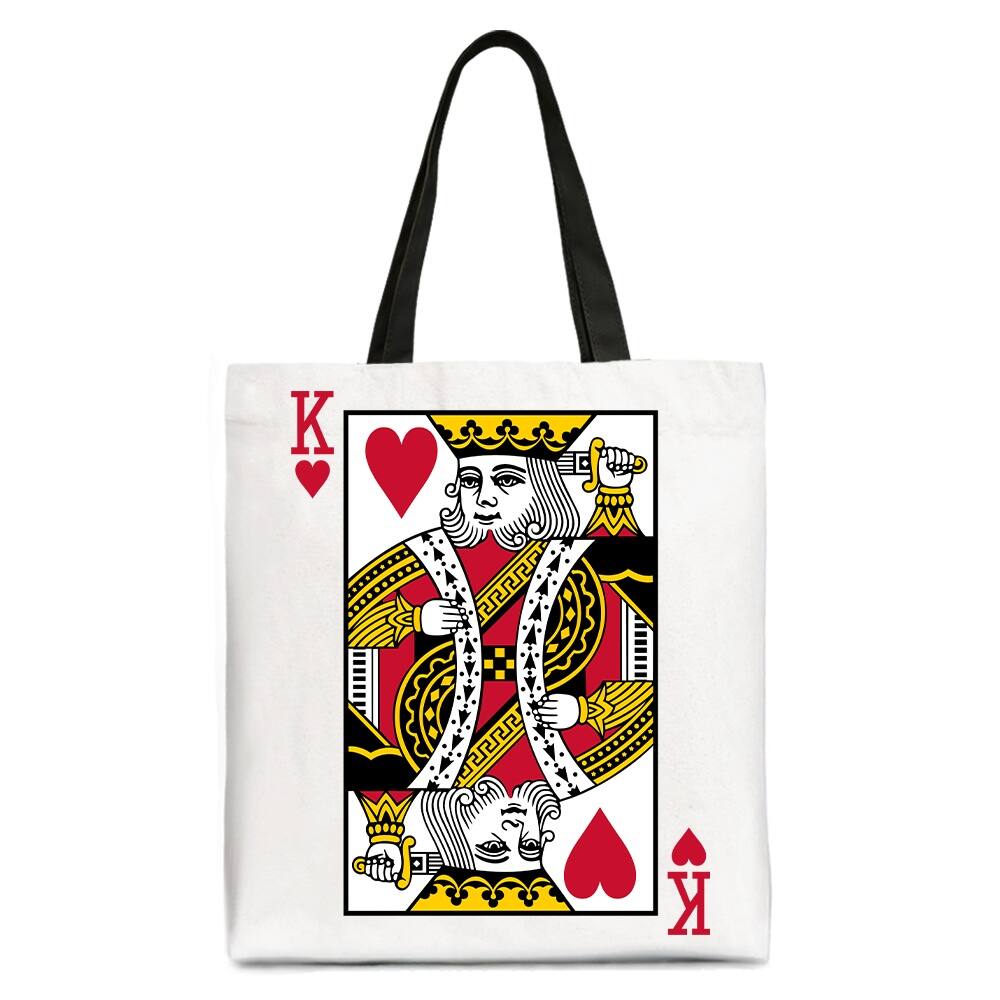 Front. OrnamentallyYou - King of Hearts Card Canvas Tote Bag, Classic Retro Love Valentine Gift Bag - White Black.