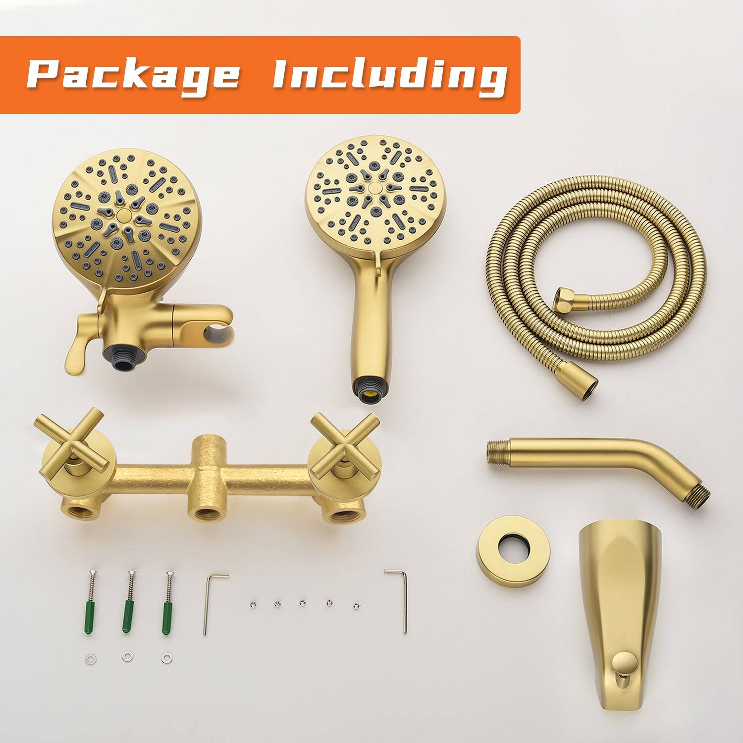 Package Including

- Showerhead
- Handheld showerhead
- Flexible hose
- Faucet
- Drain
- Wall mount
- Screws and fittings
