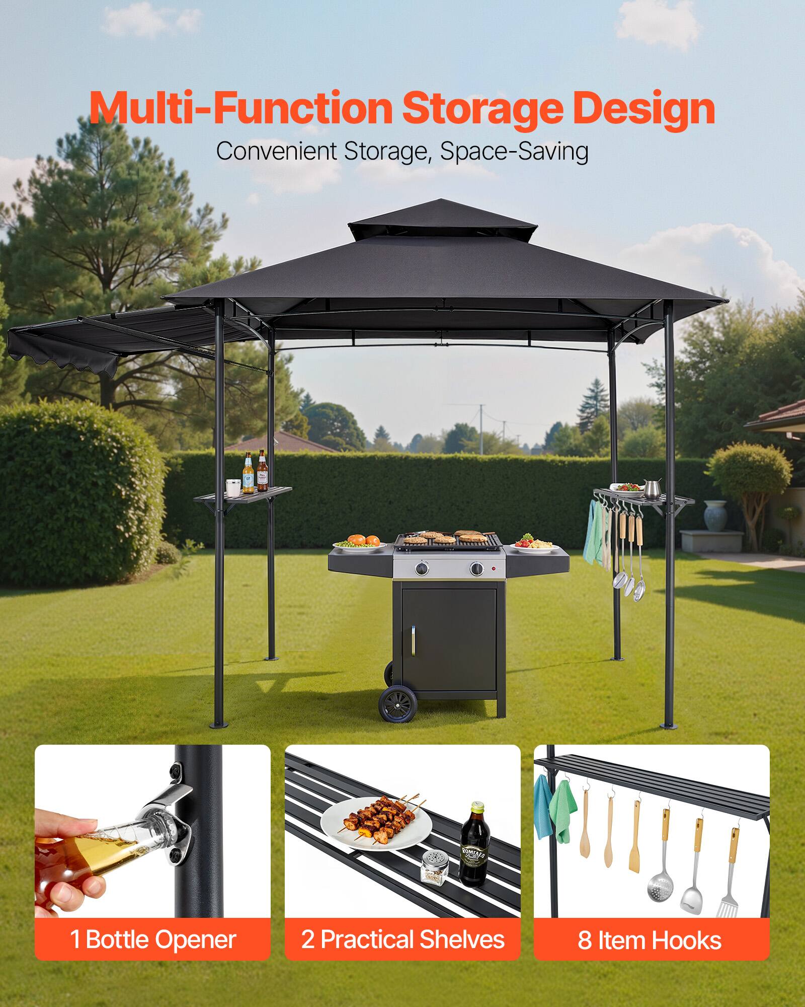 Multi-Function Storage Design  
Convenient Storage, Space-Saving  

1 Bottle Opener  
2 Practical Shelves  
8 Item Hooks