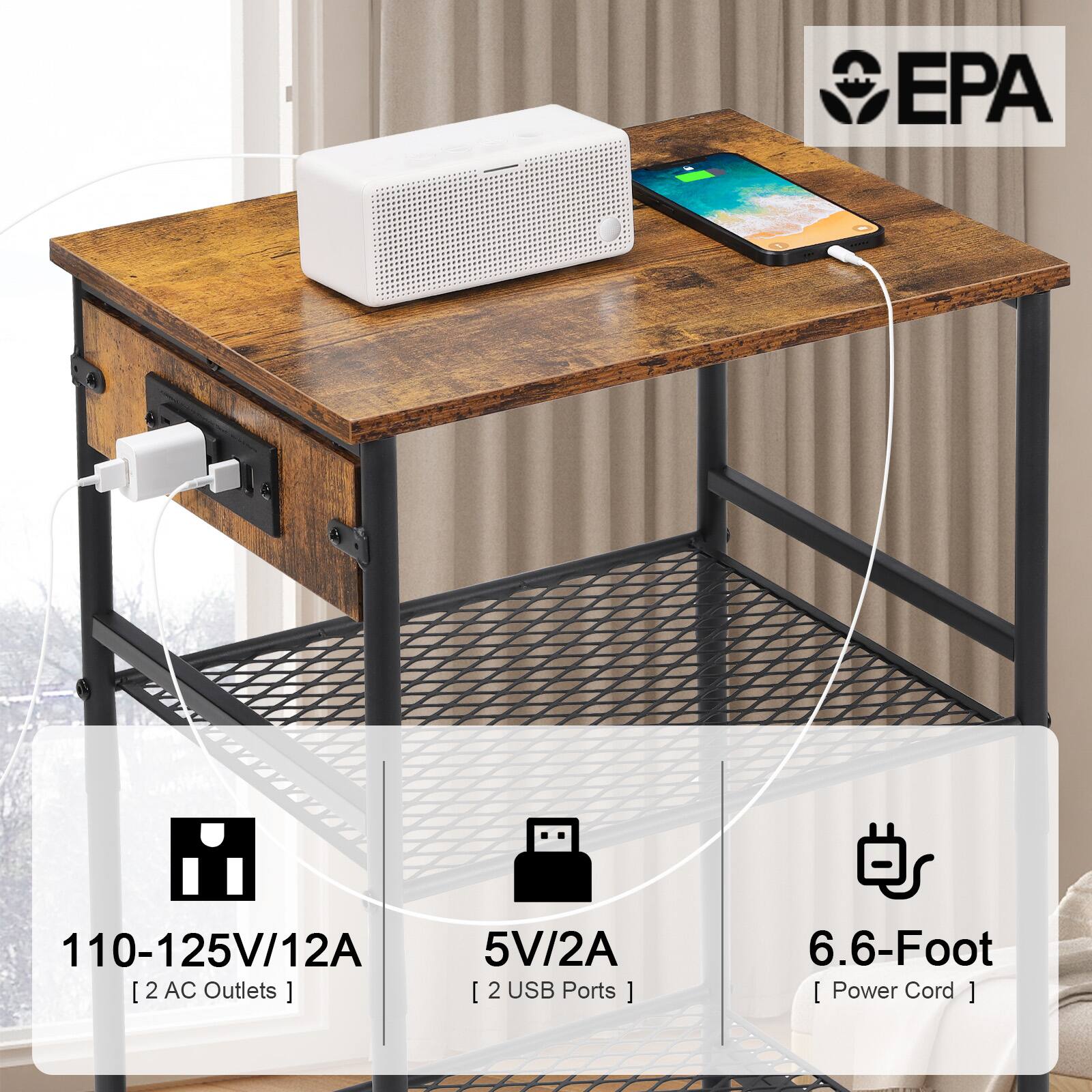EPA 110-125V/12A [2 AC Outlets] 5V/2A [2 USB Ports] 6.6-Foot [Power Cord]