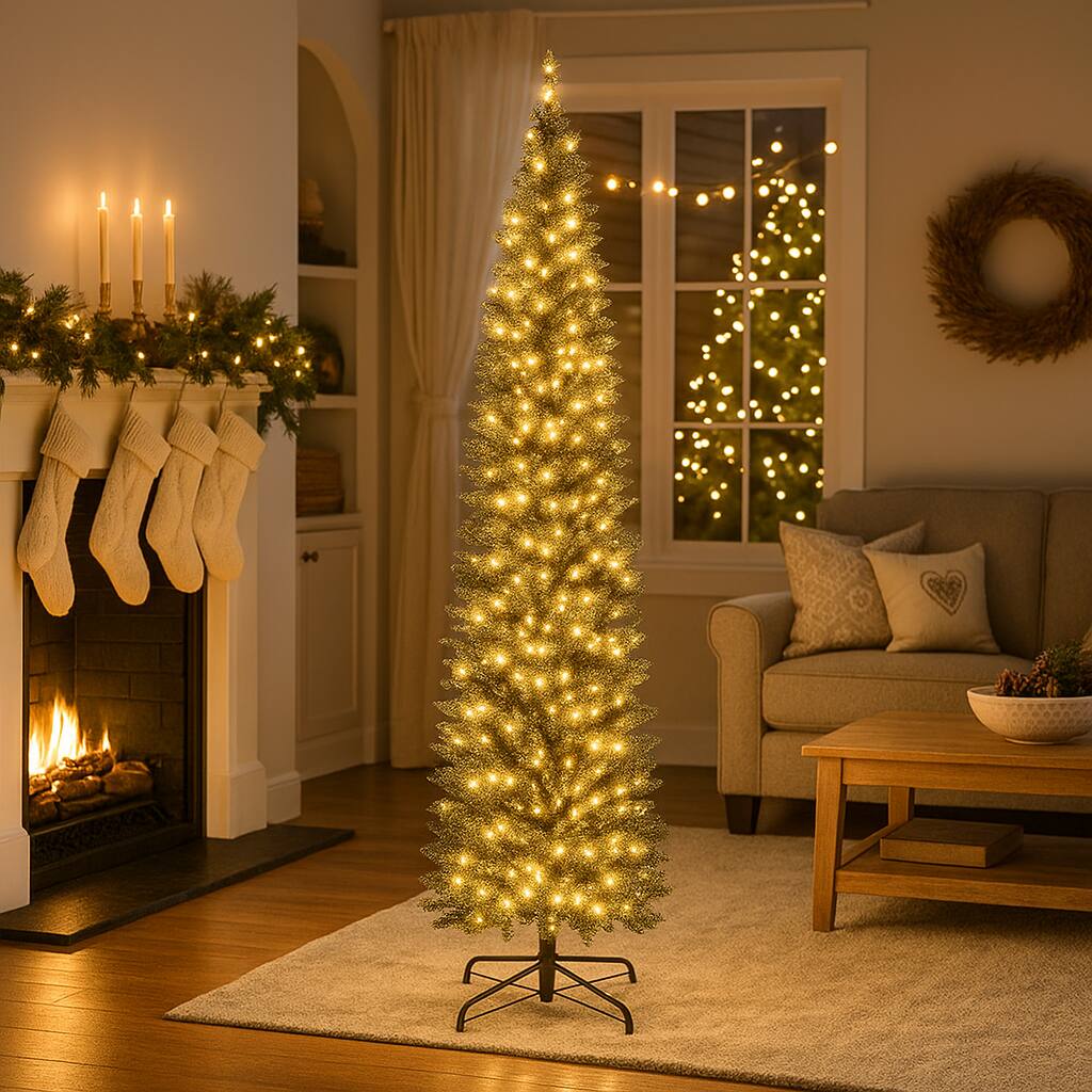 BreeBe - Slim Pencil Christmas Tree – 5-9FT Pre-Lit with 150–400 Warm White LEDs - Green