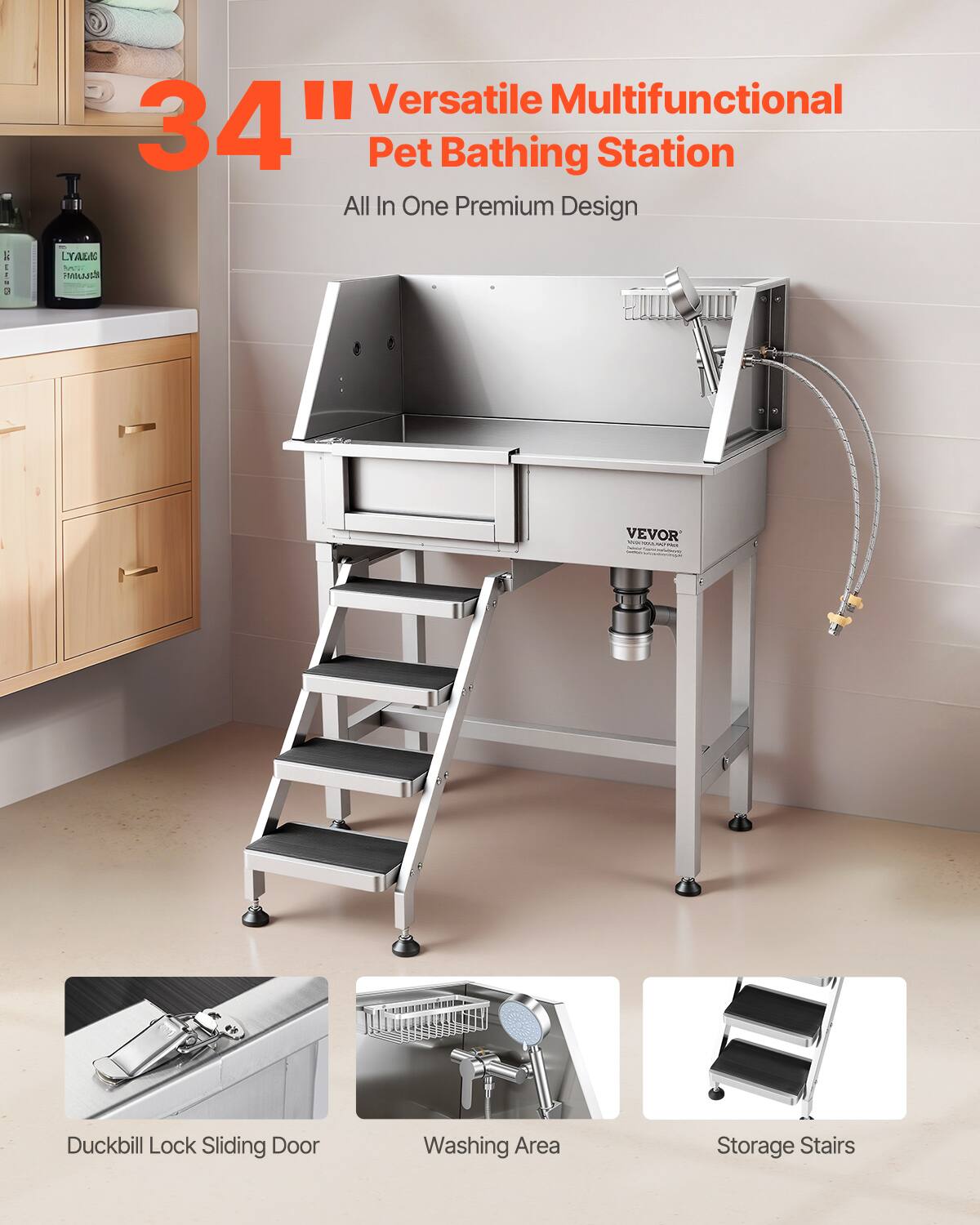 Versatile Multifunctional 34" Pet Bathing Station All In One Premium Design

ACOS LYALAG U PMBLS VEVOR

Duckbill Lock Sliding Door

Washing Area

Storage Stairs
