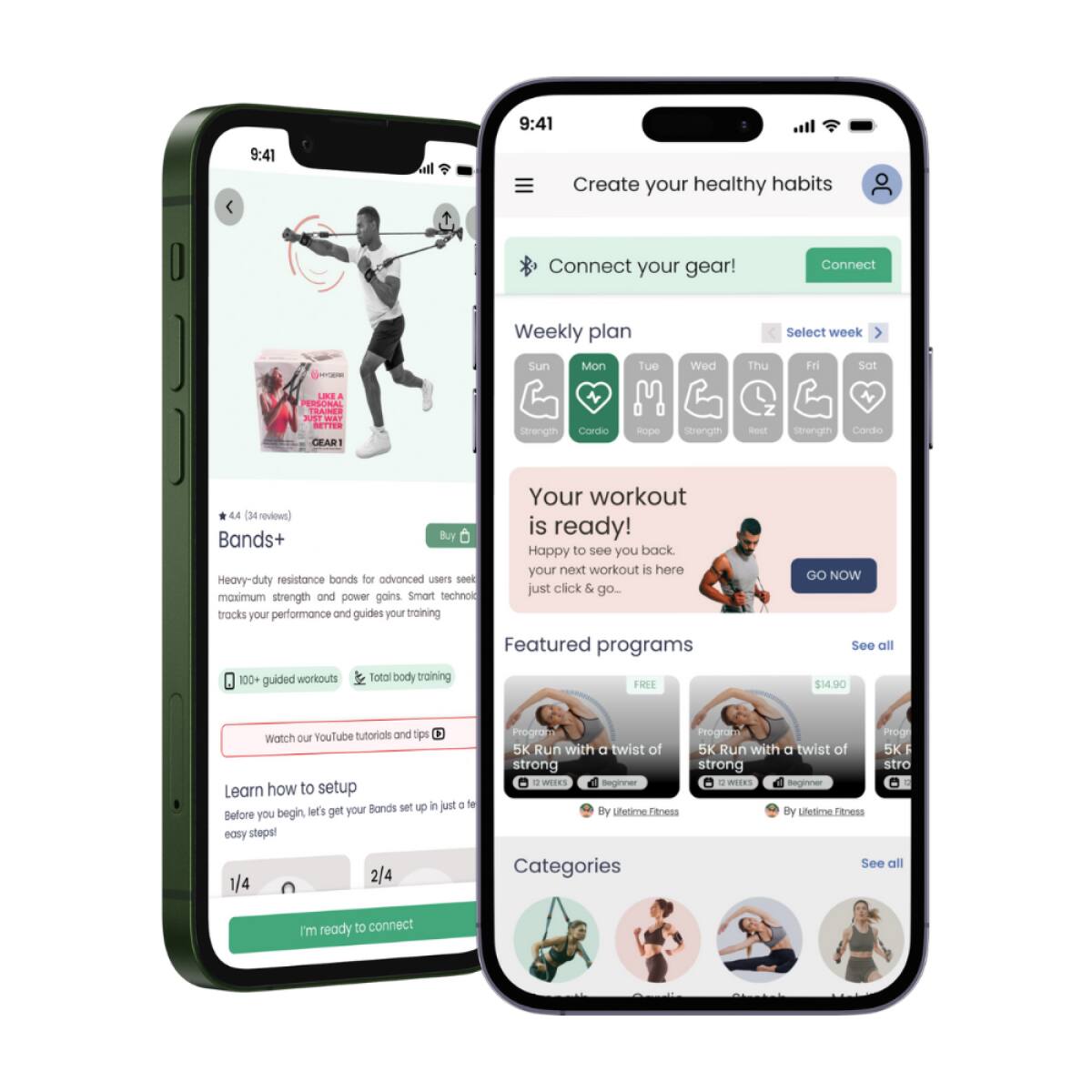 Sure, here is the corrected and grouped text from the image:

---

**Create your healthy habits**

**Connect your gear!**  
[Connect button]

**Weekly plan**  
[Select week dropdown]  
Sun Mon Tue Wed Thu Fri Sat  
[Icons for each day: Gym, Cardio, Rope, Strength, Rest, Strength, Cardio]

**Your workout is ready!**  
Happy to see you back. Your next workout is here just click & go...  
[GO NOW button]

**Featured programs**  
[Programs with images and details]  
- 5K Run with a twist of strong  
  Beginner  
  By Lifetime Fitness  
- 5K Run with a twist of strong  
  Beginner  
  By Lifetime Fitness  
[See all button]

**Categories**  
[Icons for different categories]  
[See all button]

---

**Bands+**  
[Image of product]  
[Rating: 4.4 (34 reviews)]  
Heavy-duty resistance bands for advanced users seeking maximum strength and power gains. Smart technology tracks your performance and guides your training.  
[Buy button]

**100+ guided workouts**  
Total body training  
[Watch our YouTube tutorials and tips button]

**Learn how to setup**