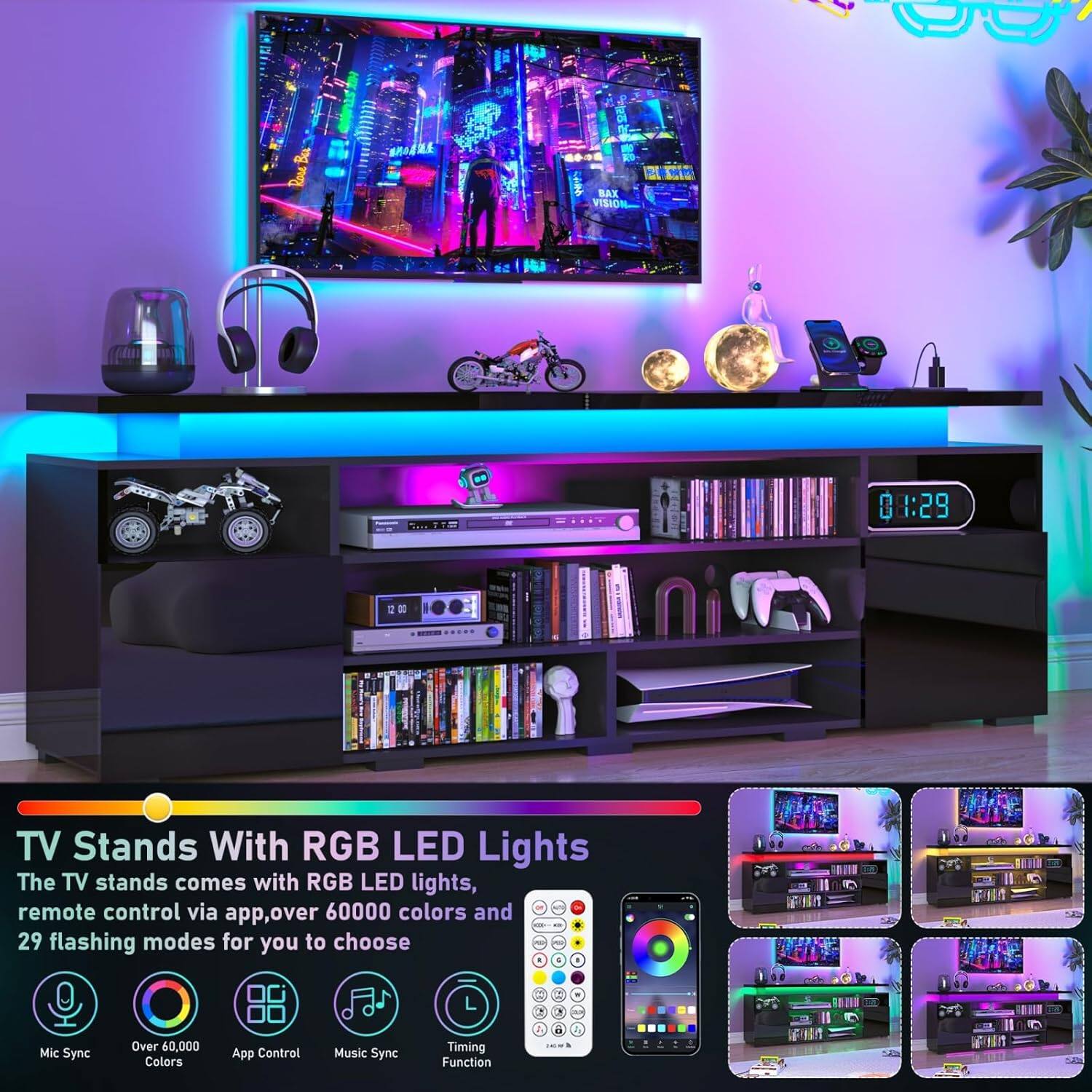 TV Stands With RGB LED Lights

The TV stands come with RGB LED lights, remote control via app, over 60,000 colors and 29 flashing modes for you to choose

Mic Sync
Over 60,000 Colors
App Control
Music Sync
Timing Function