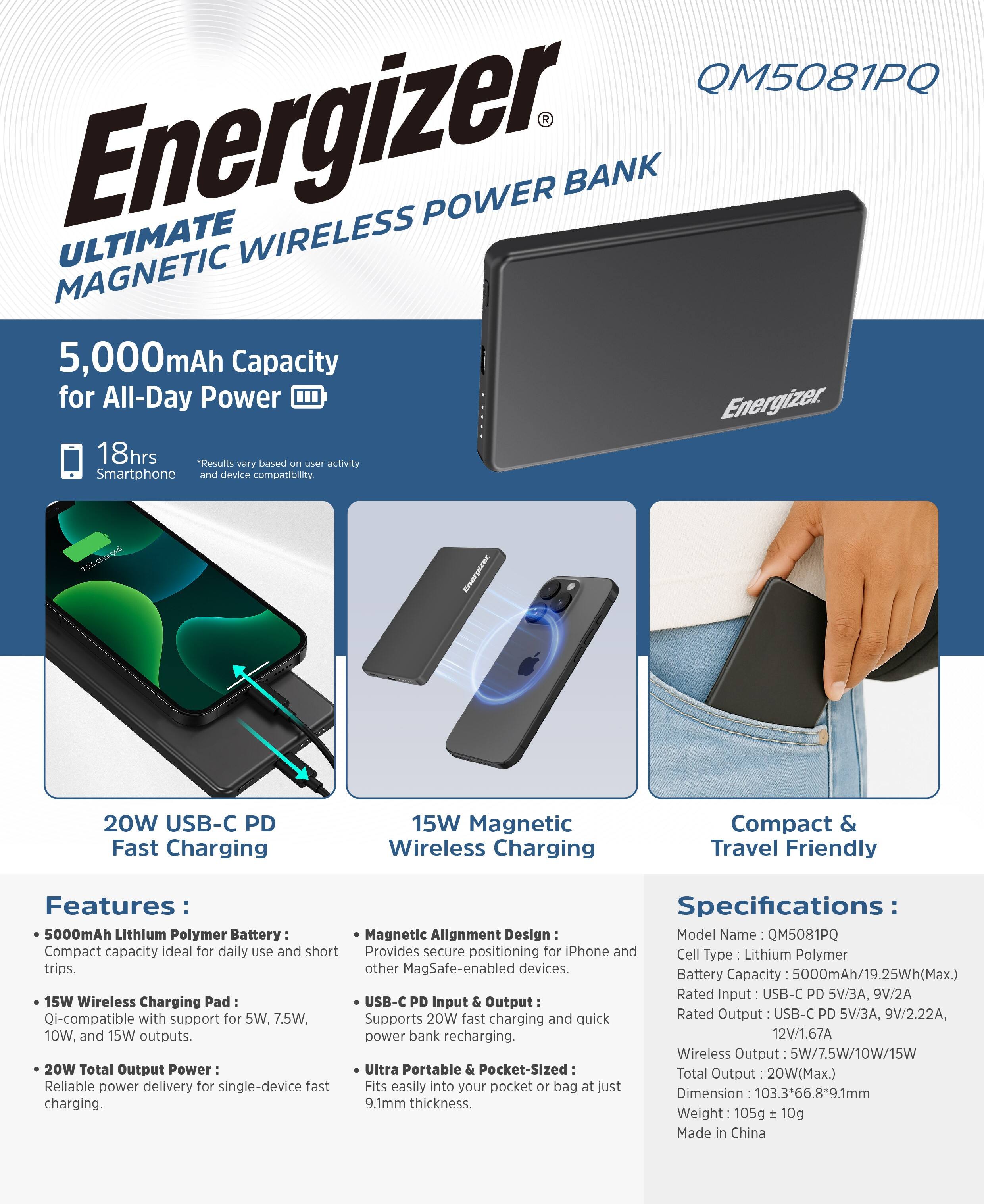 **Energizer ULTIMATE WIRELESS POWER BANK MAGNETIC**

**5,000mAh Capacity for All-Day Power**

- **18hrs** Smartphone  
  *Results vary based on user activity and device compatibility.*

**20W USB-C PD Fast Charging**

**15W Magnetic Wireless Charging**

**Compact & Travel Friendly**

**Features:**

- **5000mAh Lithium Polymer Battery:**  
  Compact capacity ideal for daily use and short trips.

- **15W Wireless Charging Pad:**  
  Qi-compatible with support for 5W, 7.5W, 10W, and 15W outputs.

- **20W Total Output Power:**  
  Reliable power delivery for single-device fast charging.

- **Magnetic Alignment Design:**  
  Provides secure positioning for iPhone and other MagSafe-enabled devices.

- **USB-C PD Input & Output:**  
  Supports 20W fast charging and quick power bank recharging.

- **Ultra Portable & Pocket-Sized:**  
  Fits easily into your pocket or bag at just 9.1mm thickness.

**Specifications:**

- **Model Name:** QM5081PQ  
- **Cell Type:** Lith