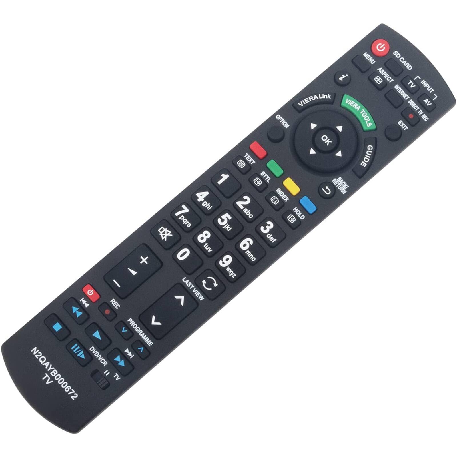 MENU  
SD CARD  
ASPECT  
TV  
INTERNET  
INPUT  
VIERA Link  
VIERA DIRECT  
AV  
TV OPTION  
TOOLS  
REC  
EXIT  
OK  
TEXT GUIDE  
STTL  
INDEX  
RETURN  
1  
2  
3  
4  
5  
6  
7  
8  
9  
0  
ghi  
jkl  
def  
mno  
pqrs  
tuv  
wxyz  
LAST VIEW  
LAST & VIEW  
REC  
PROGRAMME  
DVD/VCR  
N2QAYB000672  
TV