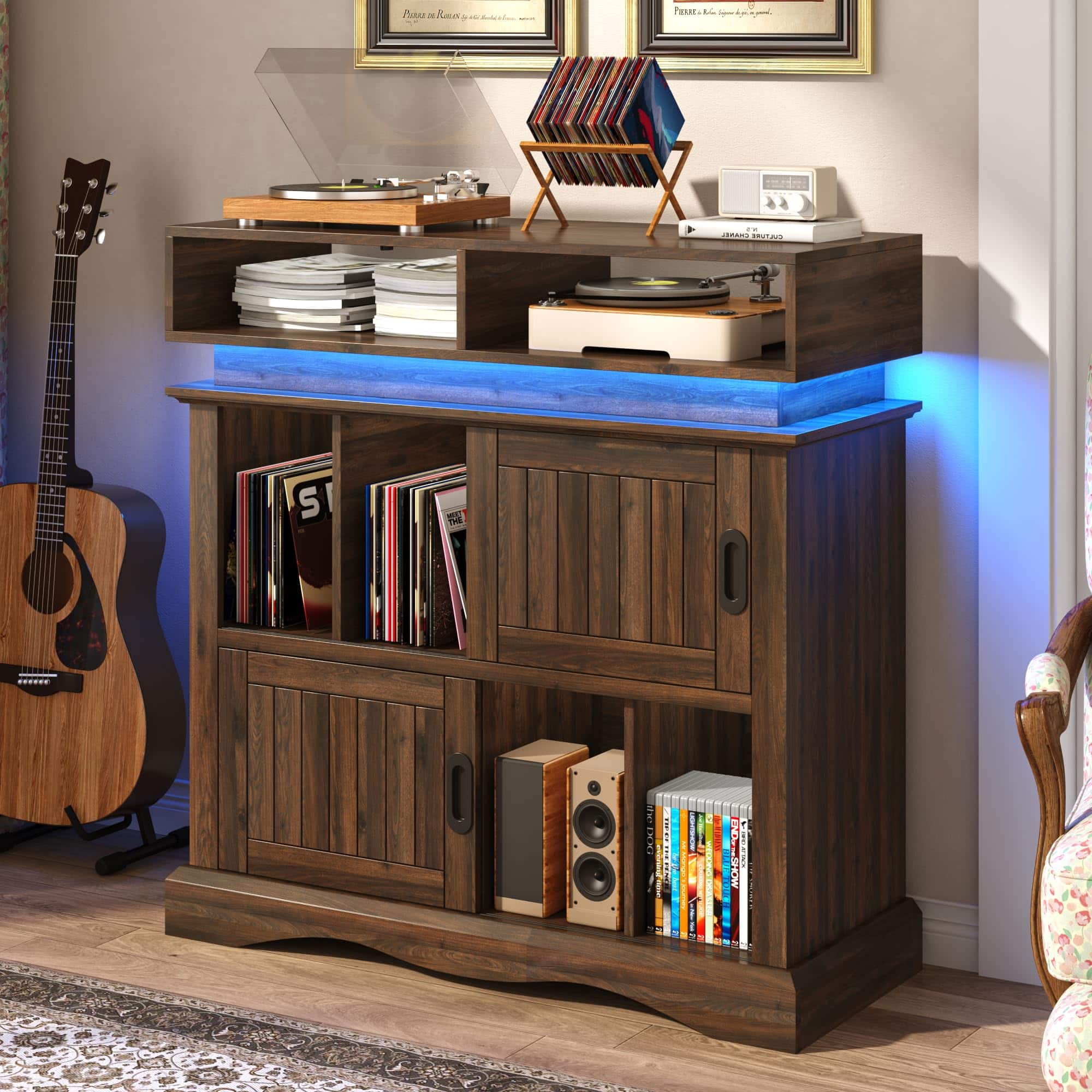 Espafurni - Record Player Stand & Storage - 15.7" D x 39.4" W x 40" H, Charging, Holds 450 Albums, Ideal for Living Room - Walnut