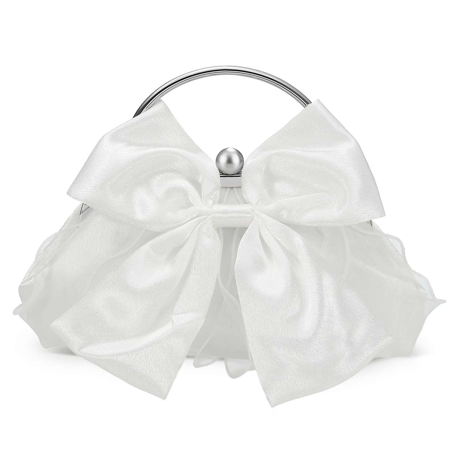 Unique Bargains - Bow Evening Bag Clutch Purse for Women, Satin Silk Wedding Purse with Ring Handle for Formal Bride - White