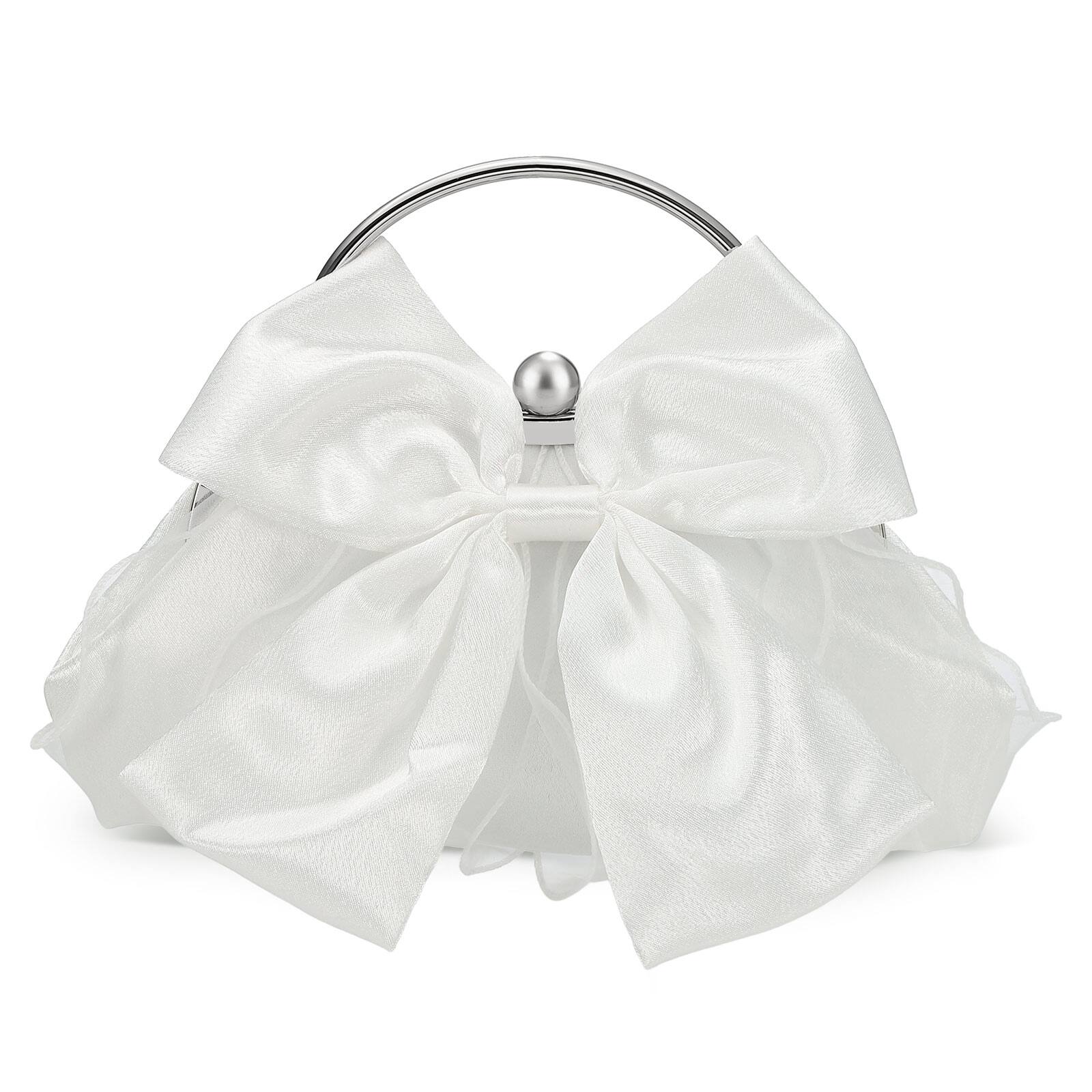 Front. Unique Bargains - Bow Evening Bag Clutch Purse for Women, Satin Silk Wedding Purse with Ring Handle for Formal Bride - White.