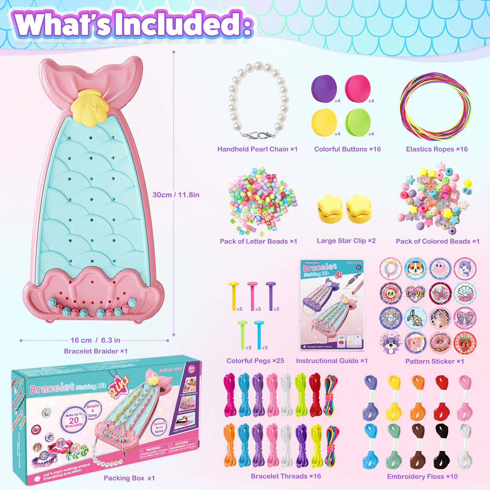What's Included:

- Handheld Pearl Chain x1
- Colorful Buttons x16
- Elastics Ropes x16 (30cm / 11.8in)
- Pack of Letter Beads x1
- Large Star Clip x2
- Pack of Colored Beads x1
- Colorful Pegs x25
- Instructional Guide x1
- LOVE Pattern Sticker x1
- Packing Box x1
- Bracelet Threads x16
- Embroidery Floss x10

Bracelet Braider: 16 cm / 6.3 in