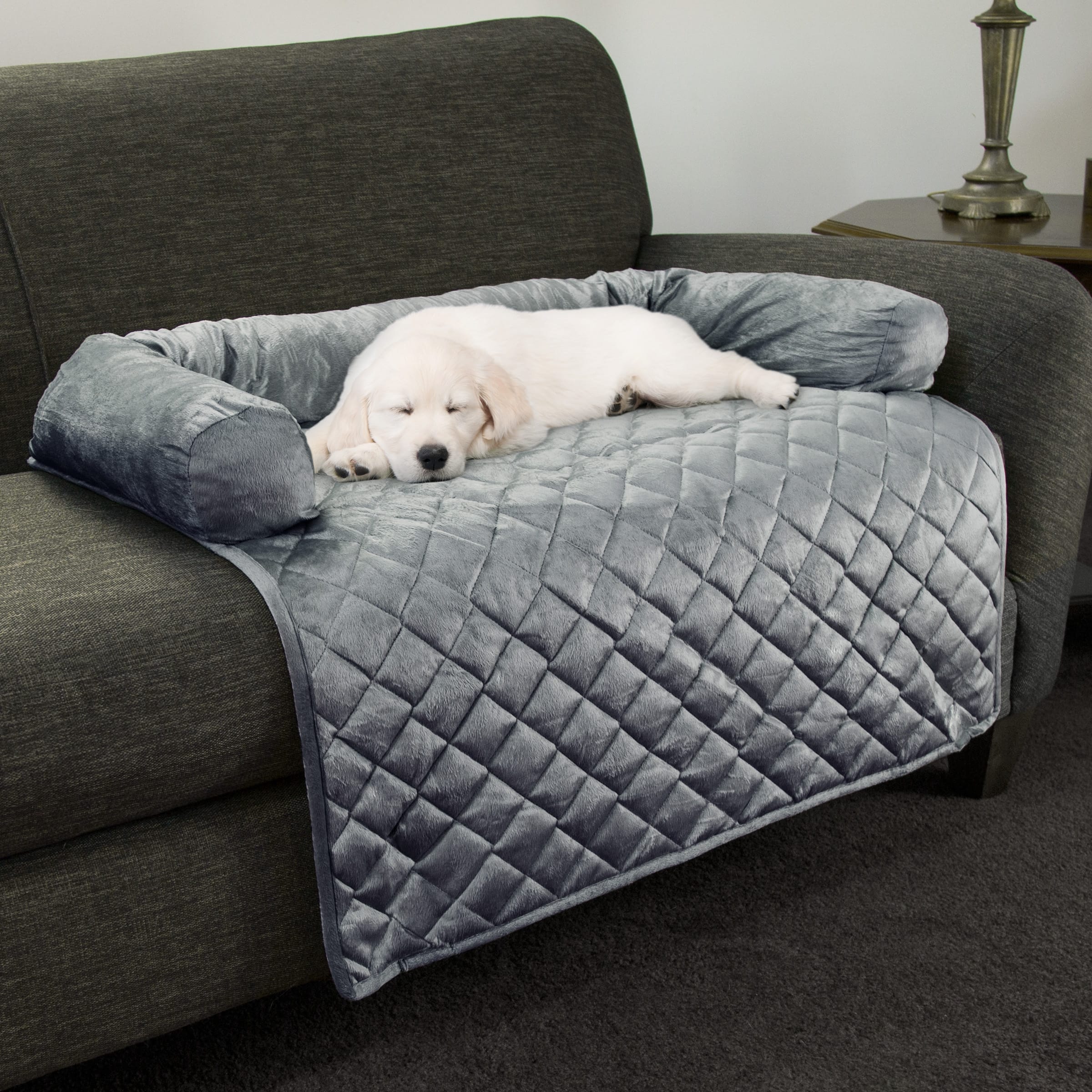 PetMaker - Couch Cover for Dogs 35x35 Pet Furniture Protector with Neck Bolster, Quilted Fabric, and Water-Resistant Base Layer - Gray