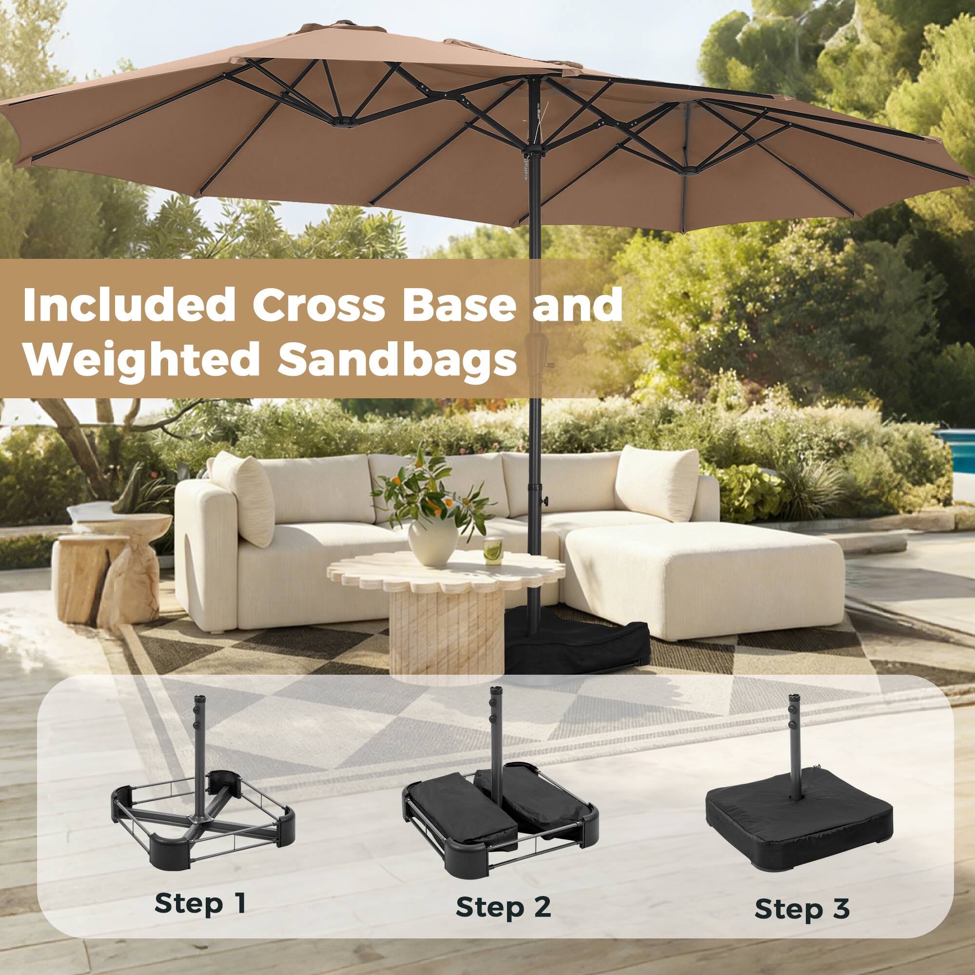 Included Cross Base and Weighted Sandbags

Step 1

Step 2

Step 3