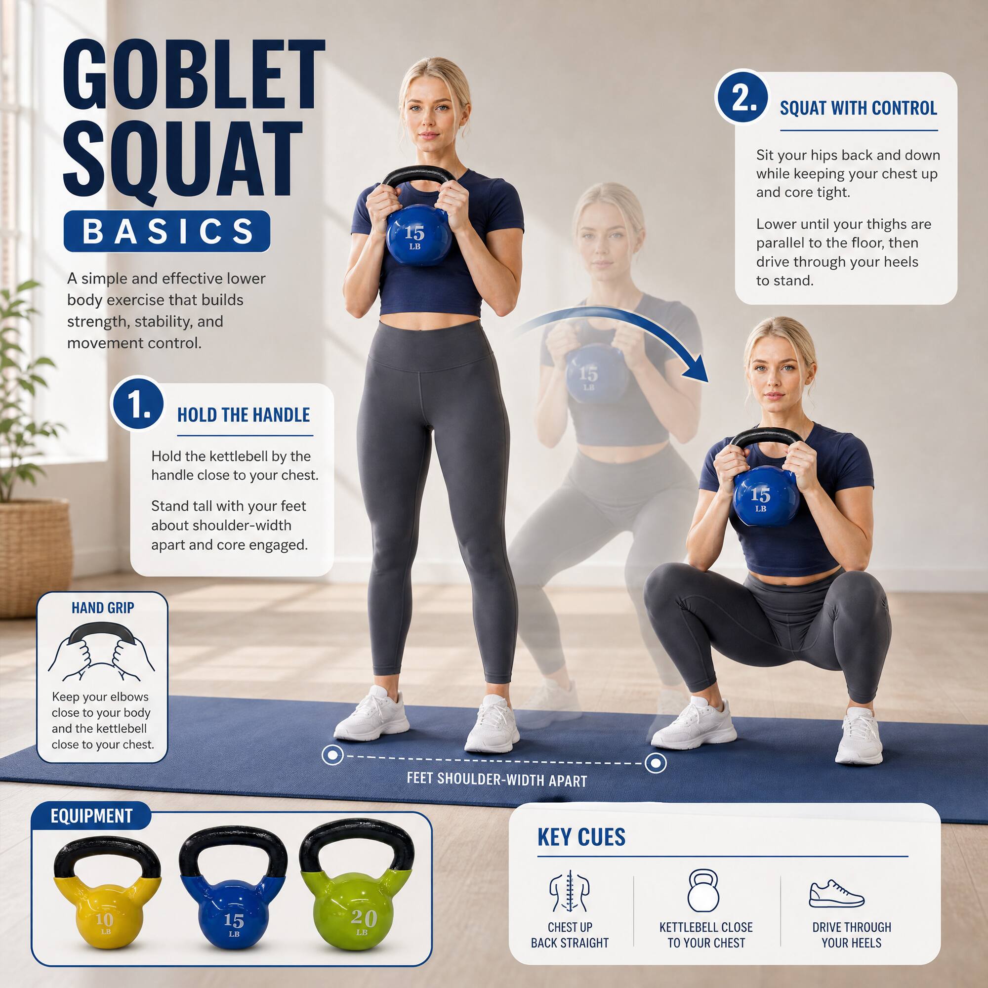 GOBLET SQUAT BASICS

A simple and effective lower body exercise that builds strength, stability, and movement control.

1. HOLD THE HANDLE
Hold the kettlebell by the handle close to your chest. Stand tall with your feet about shoulder-width apart and core engaged.

2. SQUAT WITH CONTROL
Sit your hips back and down while keeping your chest up and core tight. Lower until your thighs are parallel to the floor, then drive through your heels to stand.

HAND GRIP
Keep your elbows close to your body and the kettlebell close to your chest.

FEET SHOULDER-WIDTH APART

EQUIPMENT
10 LB
15 LB
20 LB

KEY CUES
CHEST UP BACK STRAIGHT
KETTLEBELL CLOSE TO YOUR CHEST
DRIVE THROUGH YOUR HEELS