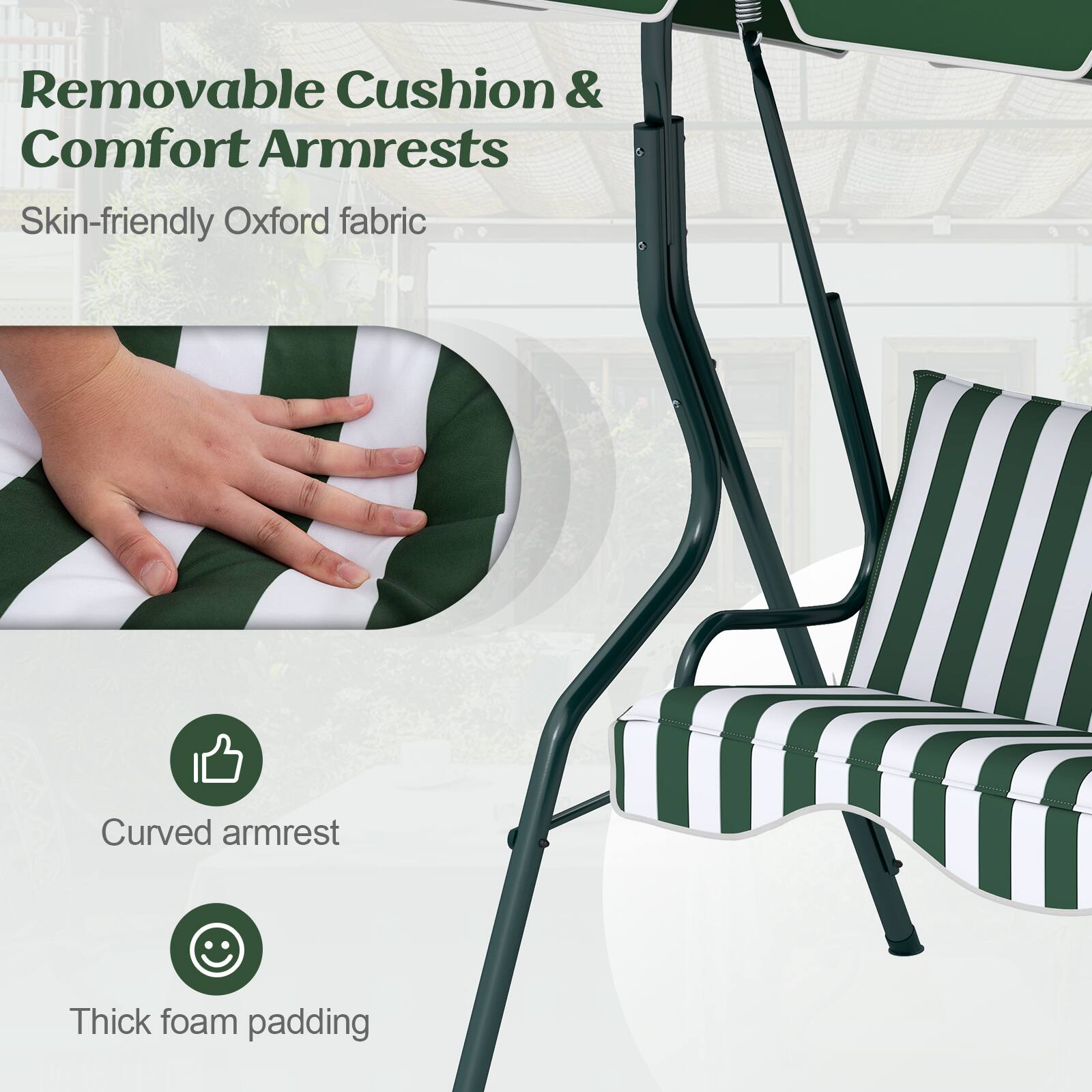 Removable Cushion & Comfort Armrests  
Skin-friendly Oxford fabric  
Curved armrest  
Thick foam padding