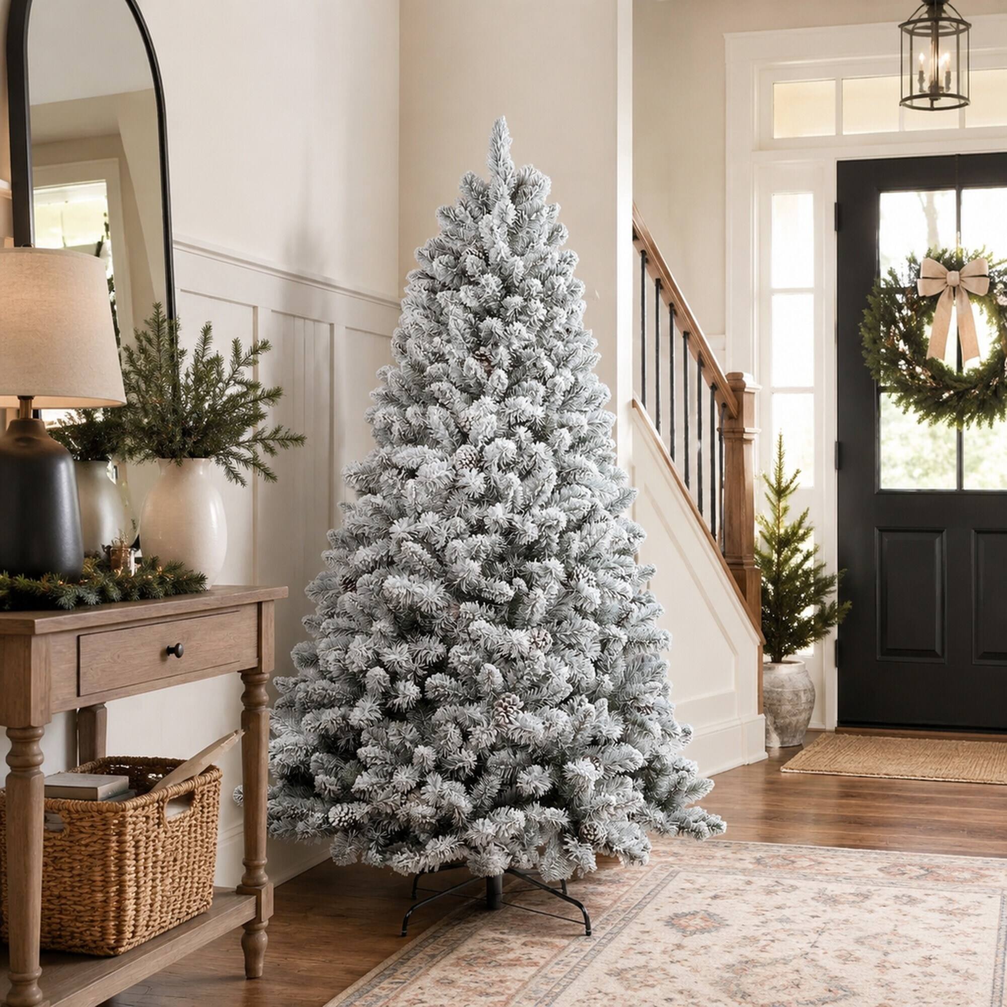 Alt View 1. RYHNUYNE - 5FT Flocked Christmas Tree With Pine Cones, 600 Snowy PVC Tips 27 Natural Pinecones Full Shape Sturdy Metal Stand - Green,White.