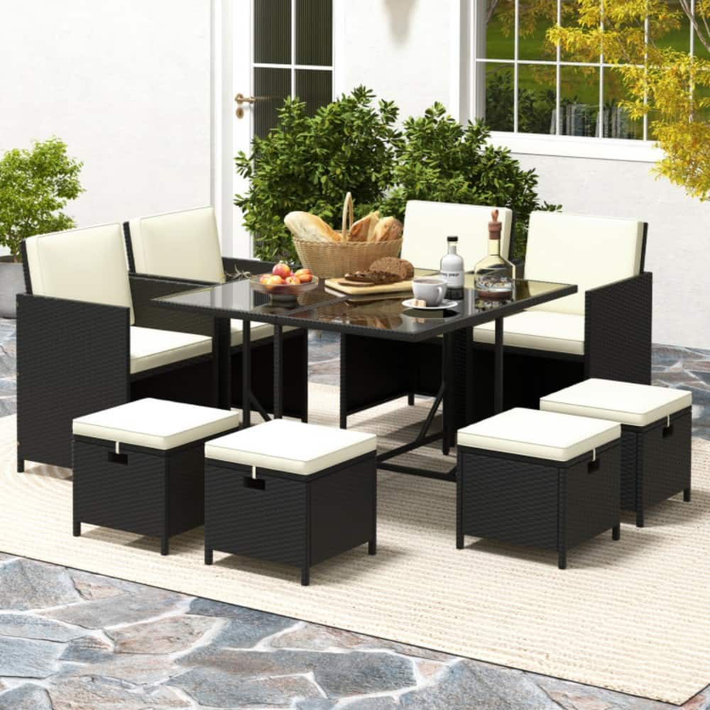 Mondawe - 9 PCS Outdoor Dining Furniture Set with Tempered Glass Table and Ottomans - White