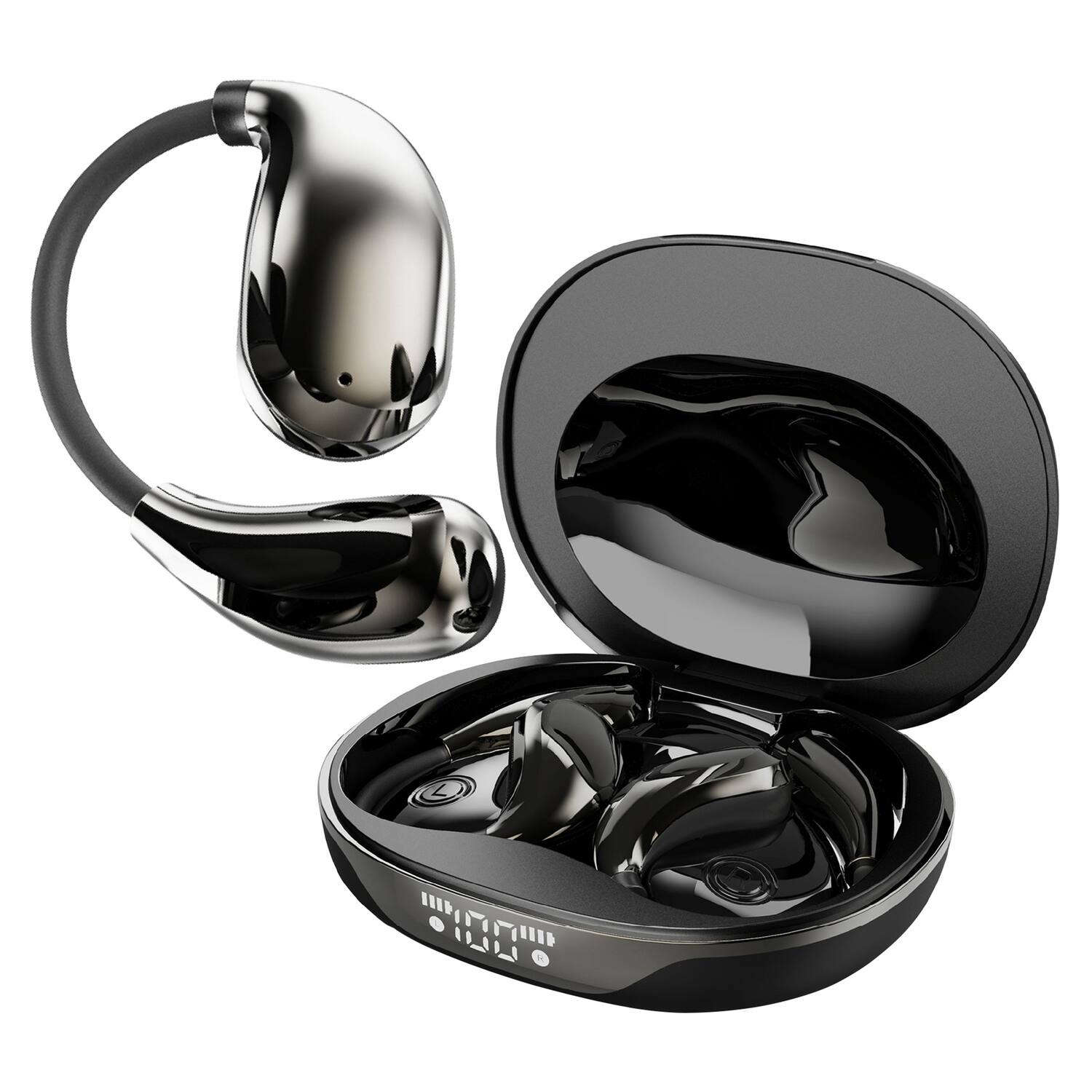 Front. RCA - WAVE-88 AI Translator TWS Bluetooth Open-Ear Earbuds, Mics, On-Ear Controls, Charging Case with Screen, 6 Hr Play Time - Black.