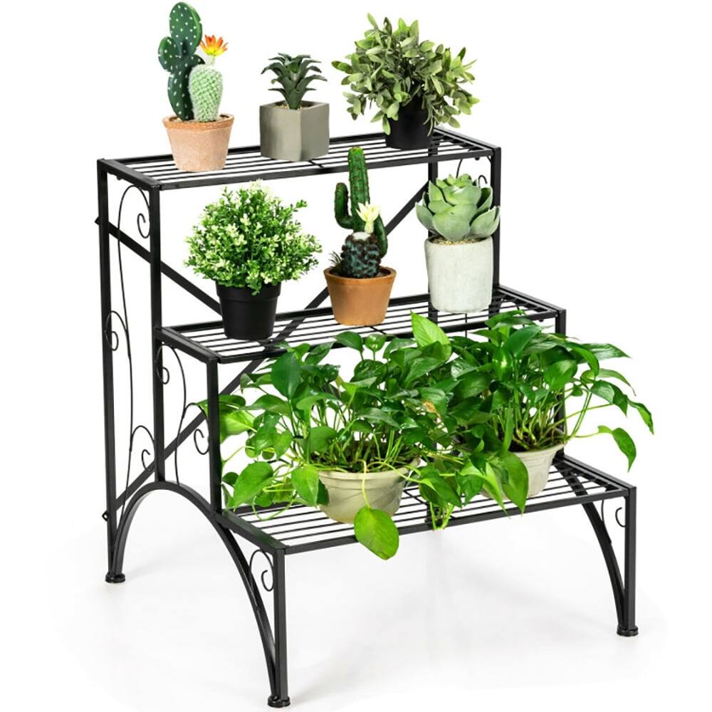 Back. Kadyn - Raised Planter Stand, Large Space Flower Rack Shelf,3-Tier Metal Plant Rack Garden Shelf in Stair Style.