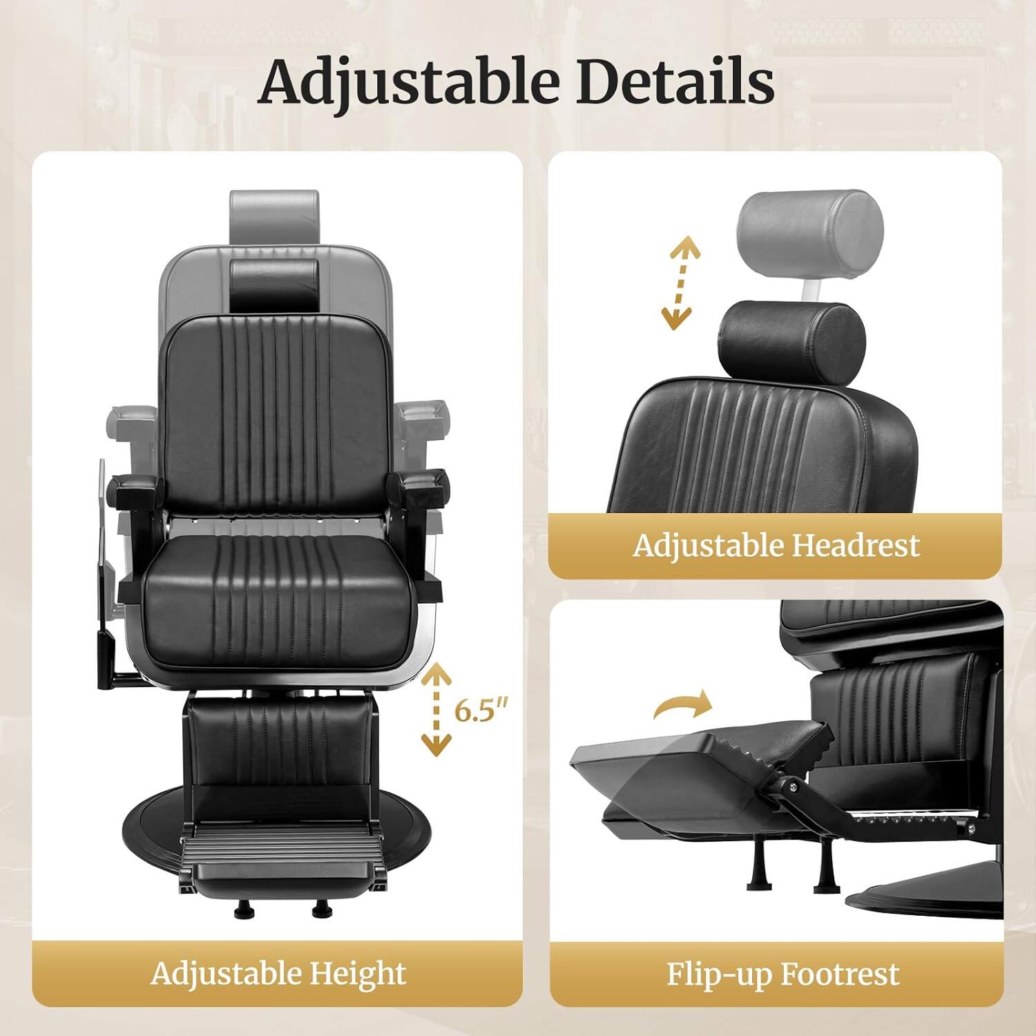 Adjustable Details

- Adjustable Headrest
- Adjustable Height (6.5")
- Flip-up Footrest