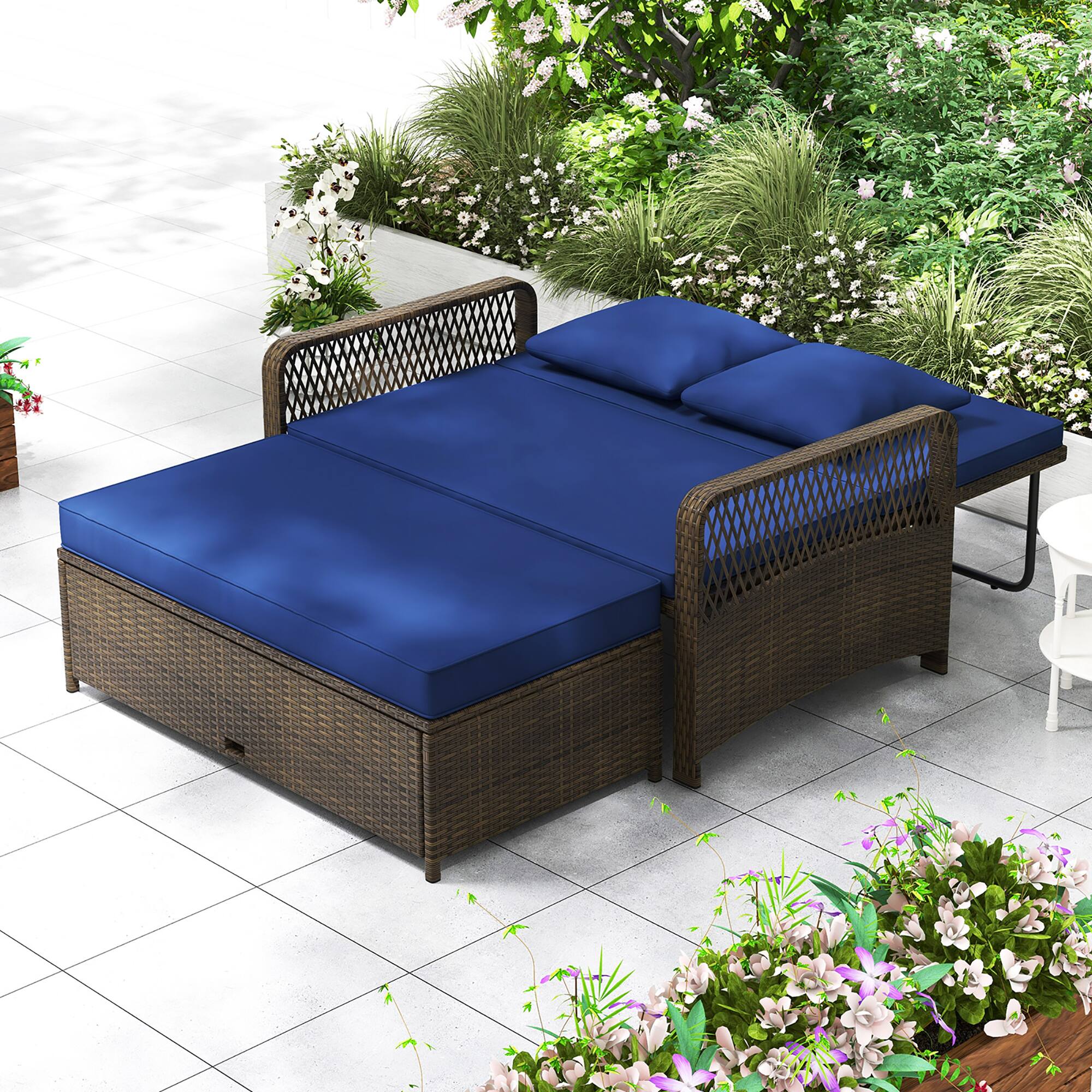 Alt View 1. Gymax - Gymax Patio Rattan Daybed Wicker Loveseat Sofa w/ Multifunctional Ottoman Navy - Navy.