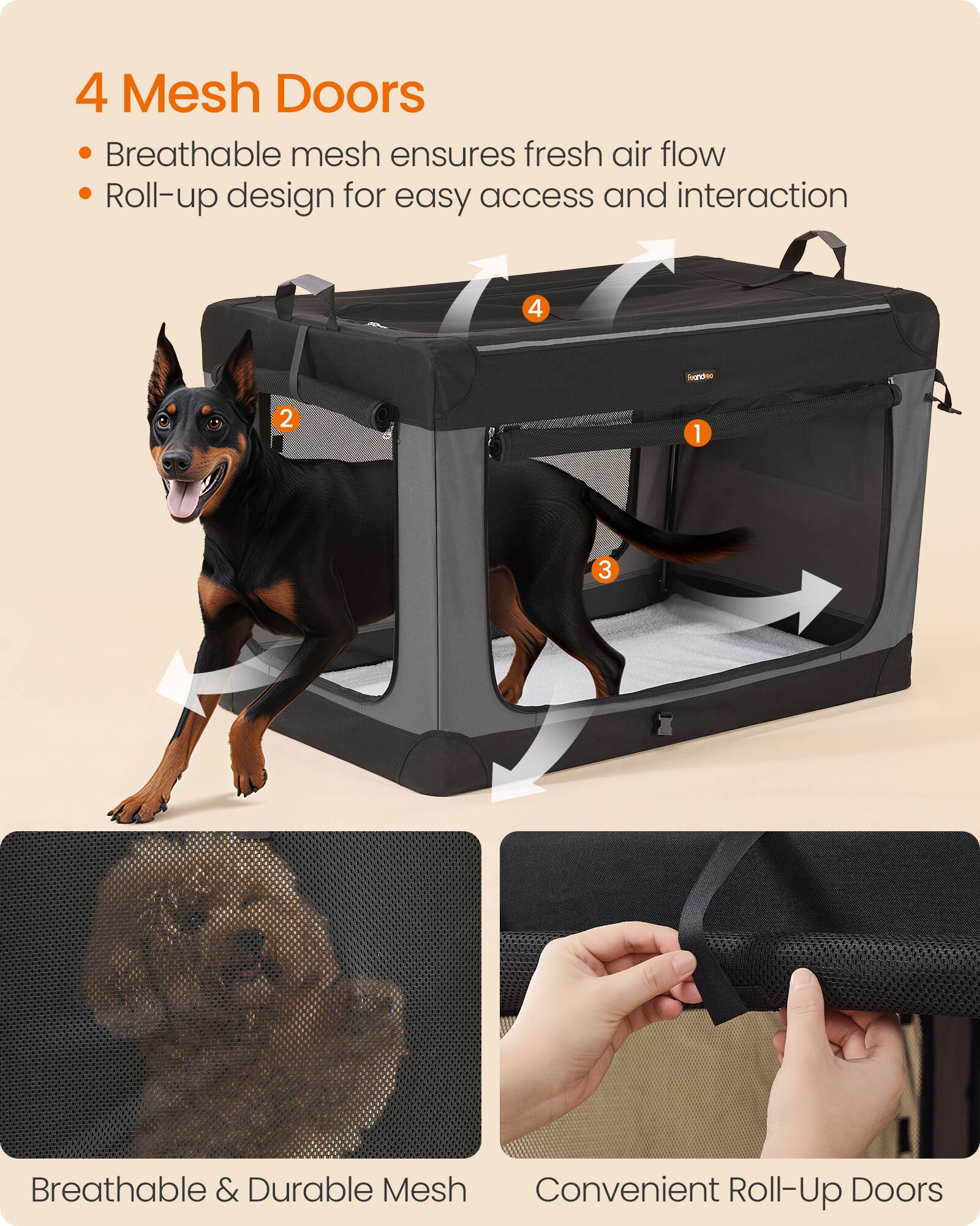 4 Mesh Doors  
Breathable mesh ensures fresh air flow  
Roll-up design for easy access and interaction  

4  
Randee  
2  
1  
3  

Breathable & Durable Mesh  
Convenient Roll-Up Doors