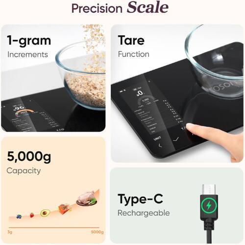 Precision Scale  
1-gram Increments  
Tare Function  
5,000g Capacity  
Type-C Rechargeable