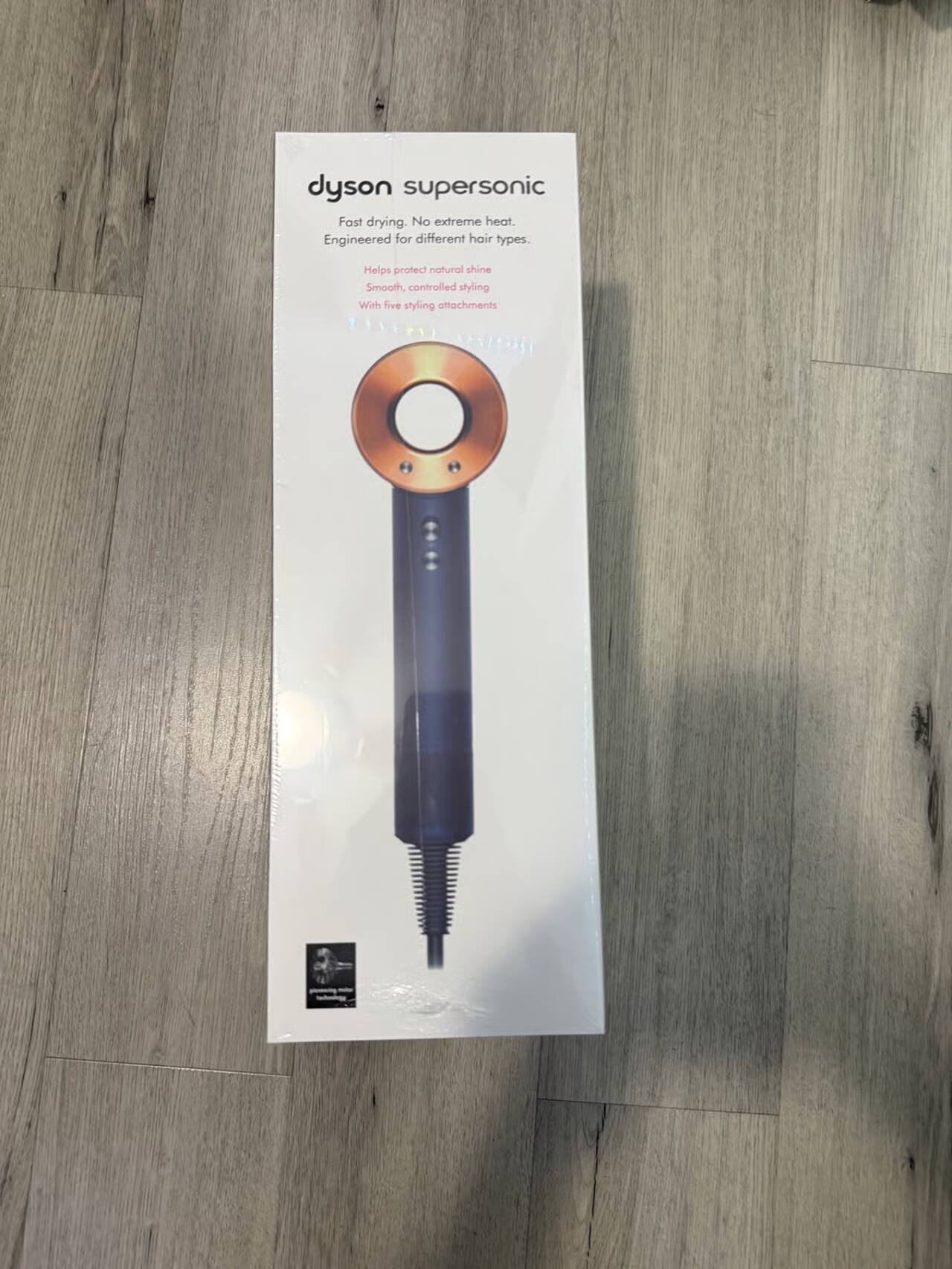 dyson supersonic  
Fast drying. No extreme heat.  
Engineered for different hair types.  
Helps protect natural shine  
Smooth, controlled styling  
With five styling attachments