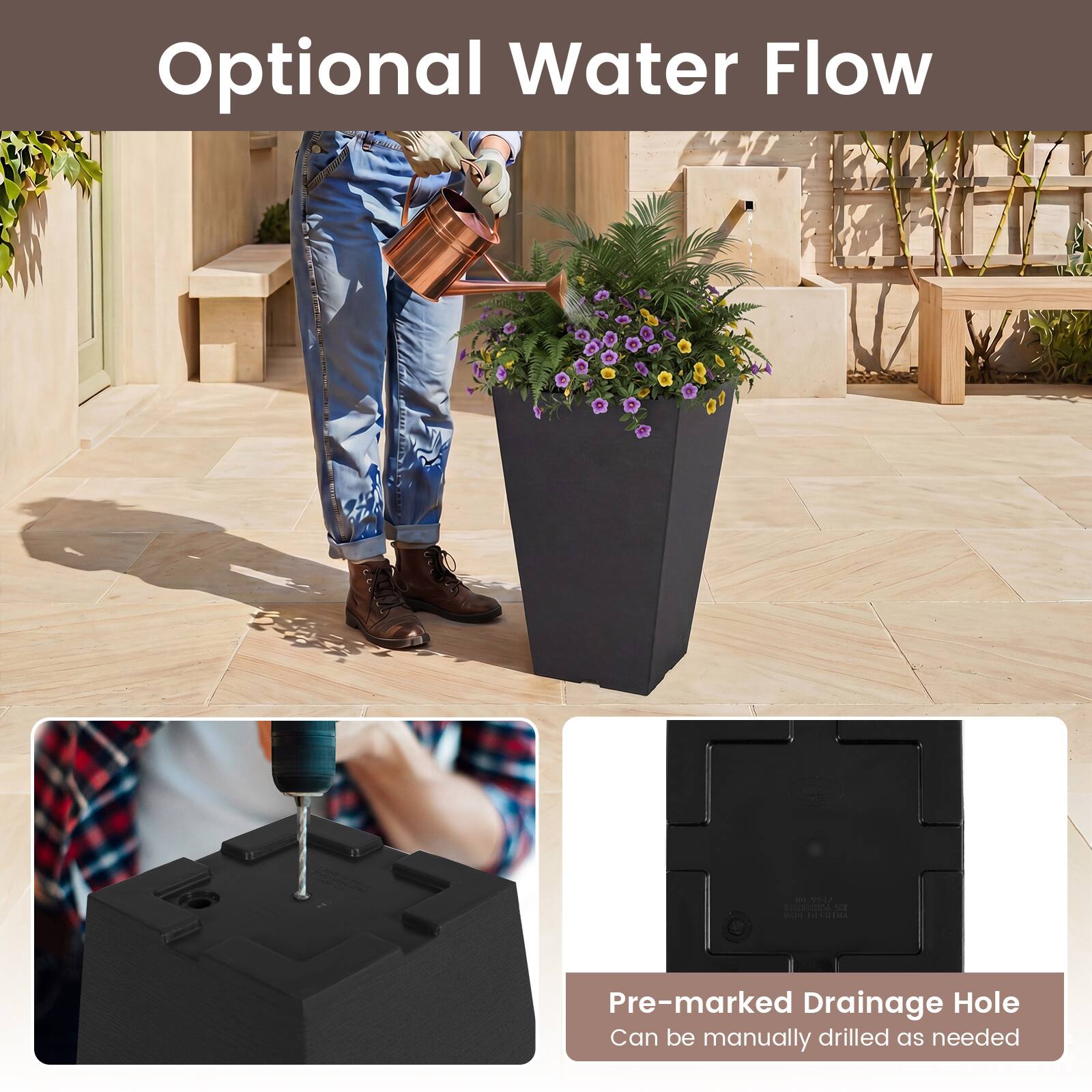 Optional Water Flow

Pre-marked Drainage Hole
Can be manually drilled as needed