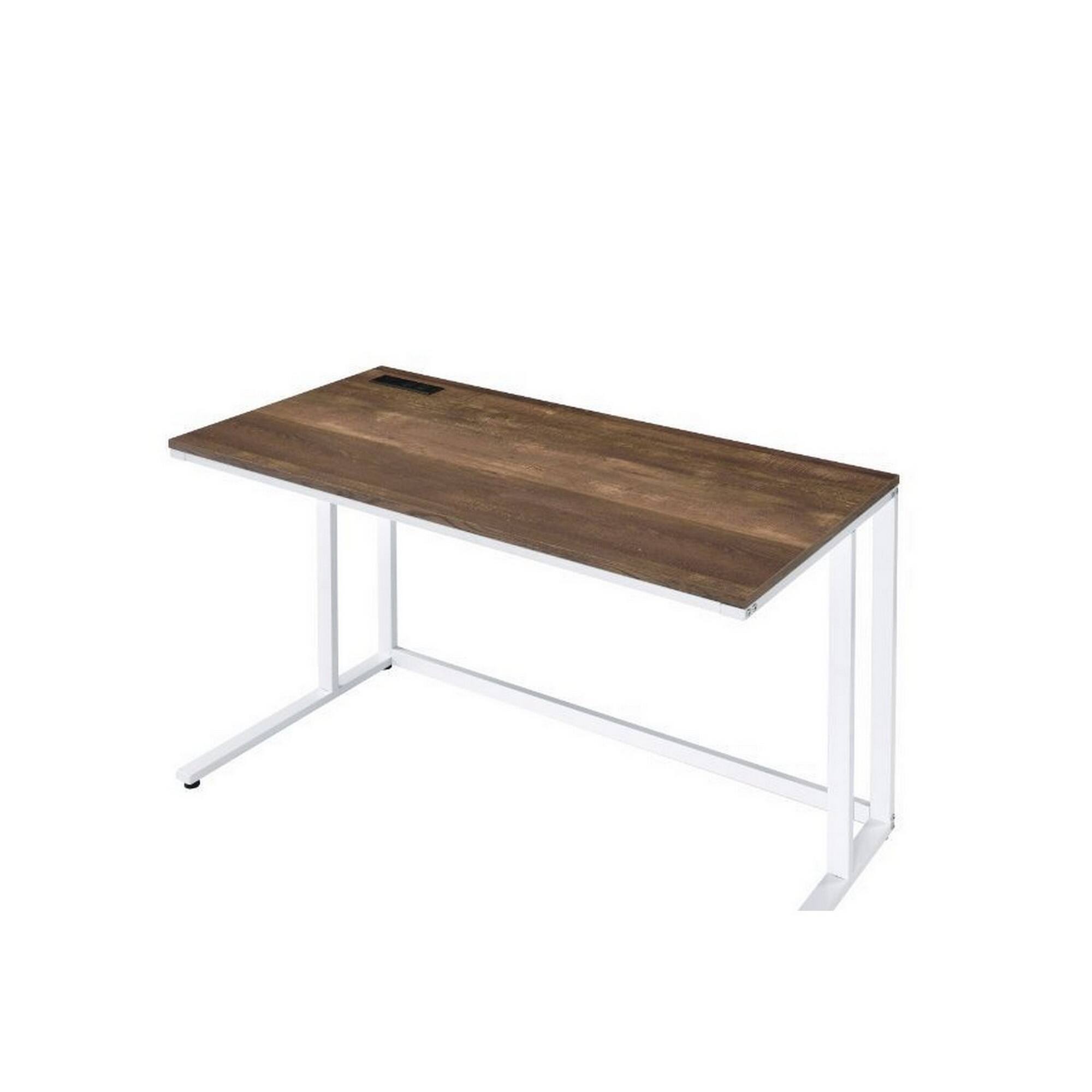 Angle. Manhattan Lane - Writing Desk with Wooden Top and Built in USB Port, Brown and White - White and Brown.