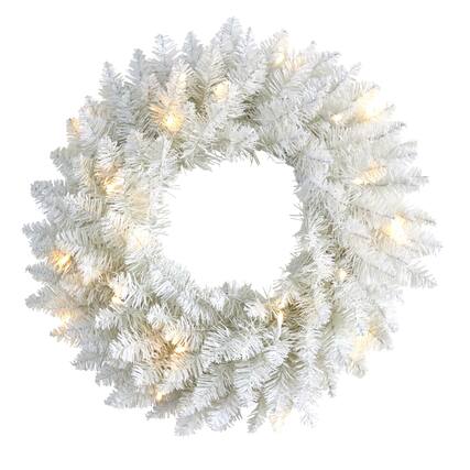 Front. BreeBe - 18” White Wreath with 20 LED Lights - White.